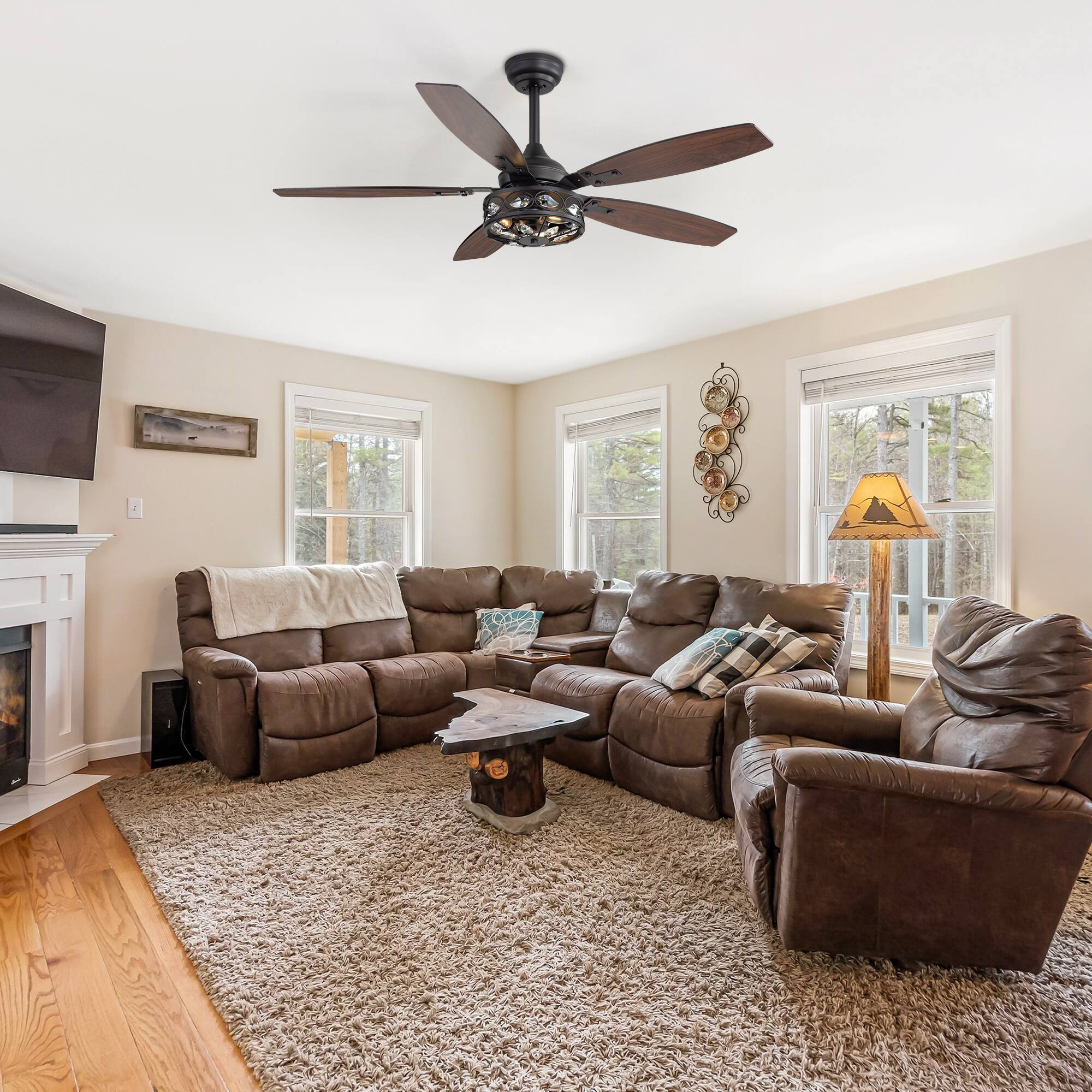 Back. Breezary - 48" Industrial Ceiling Fan with 5 Dual-Finish Plywood Blades,  6 Speeds, DC Motor, Remote Control with Timer - Matte Black and Dark Wood Grain.