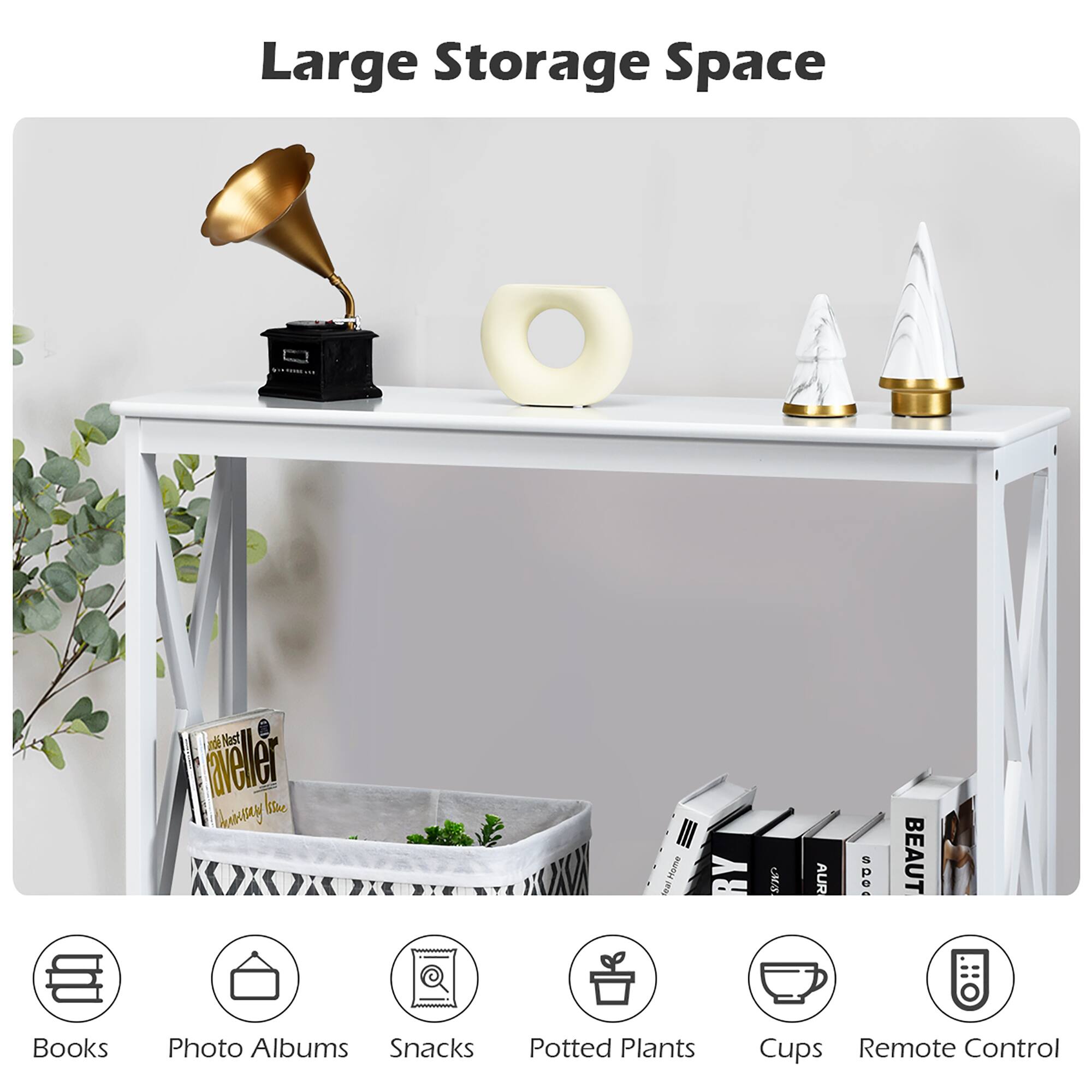 Large Storage Space

- Books
- Photo Albums
- Snacks
- Potted Plants
- Cups
- Remote Control