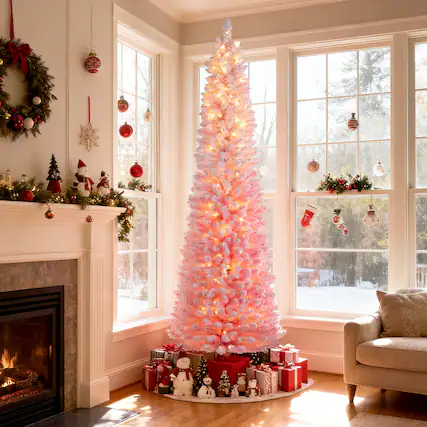 Front. Gymax - Gymax 7 FT Pre-Lit Christmas Tree Slim Pencil Xmas Tree w/ 527 Snow Flocked PVC Branch Tips - Pink.