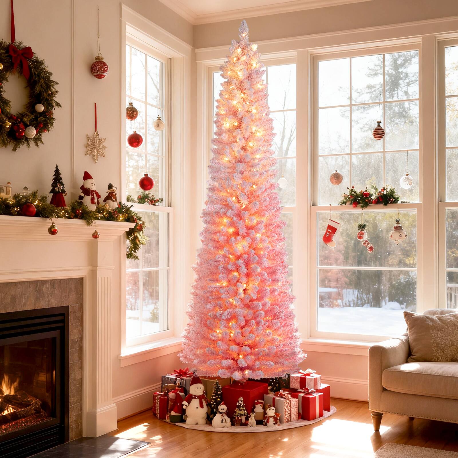 Gymax - 7 FT Pre-Lit Christmas Tree Slim Pencil Xmas Tree w/ 527 Snow Flocked PVC Branch Tips - Pink