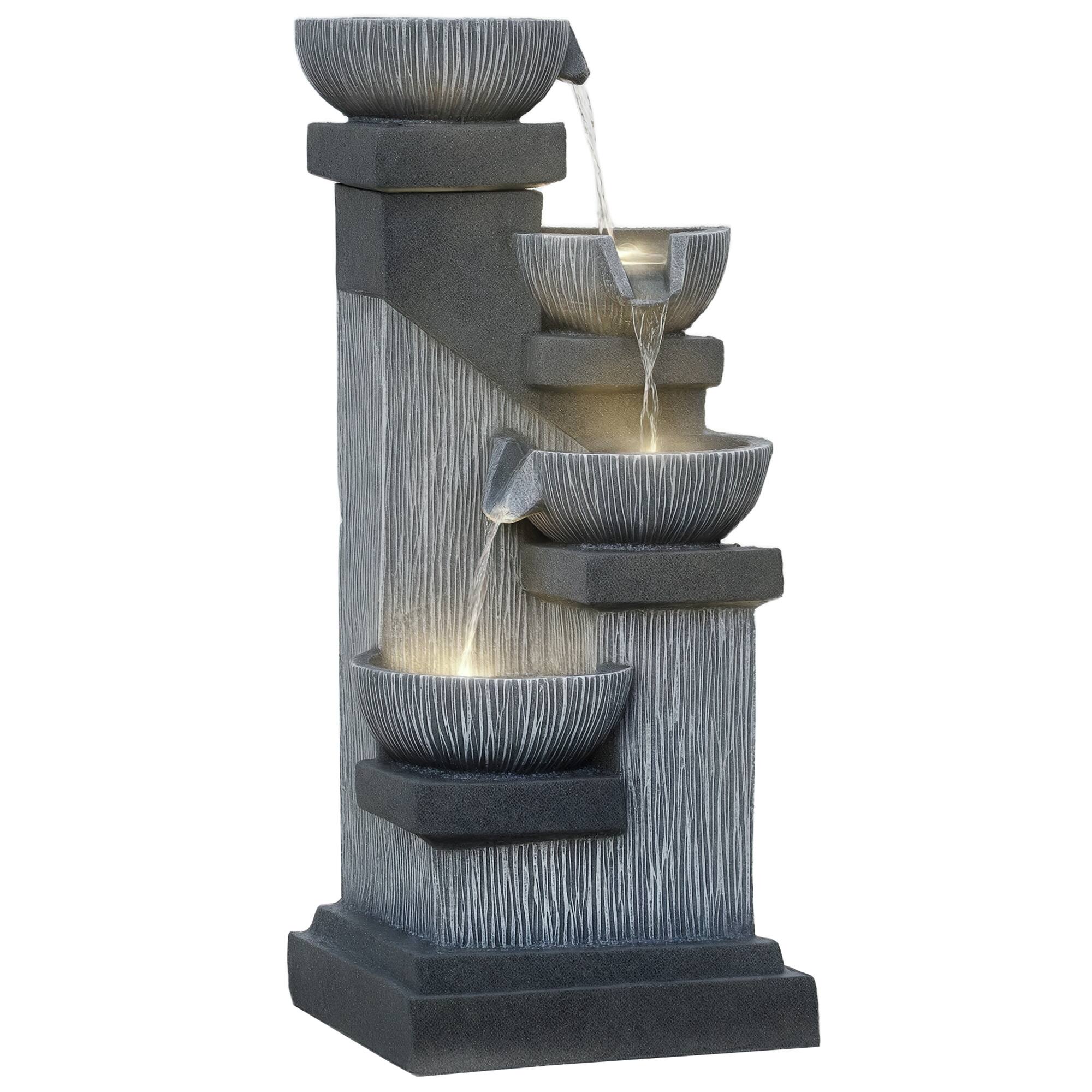 "Outsunny - 33.5"" Tall Outdoor Water Fountain, 4-Tier Floor Standing Resin Cascading Bowls Waterfall Fountain with LED Lights - Gray" price history on PriceWatchPro