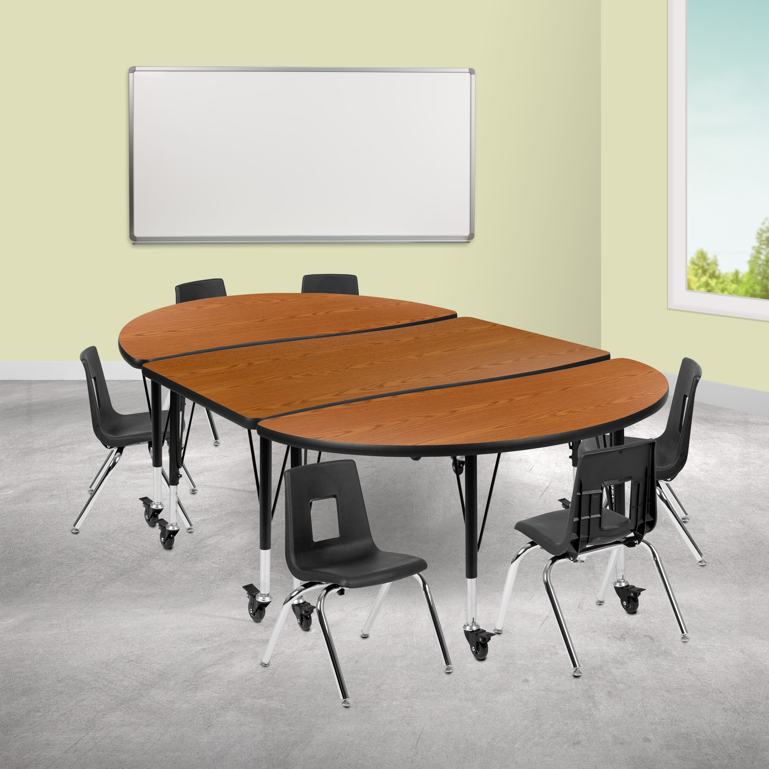 "Emma + Oliver - Mobile 76"" Oval Wave Collaborative Laminate Activity Table Set with 12"" Student Stack Chairs, Grey/Black - Oak" price history on PriceWatchPro
