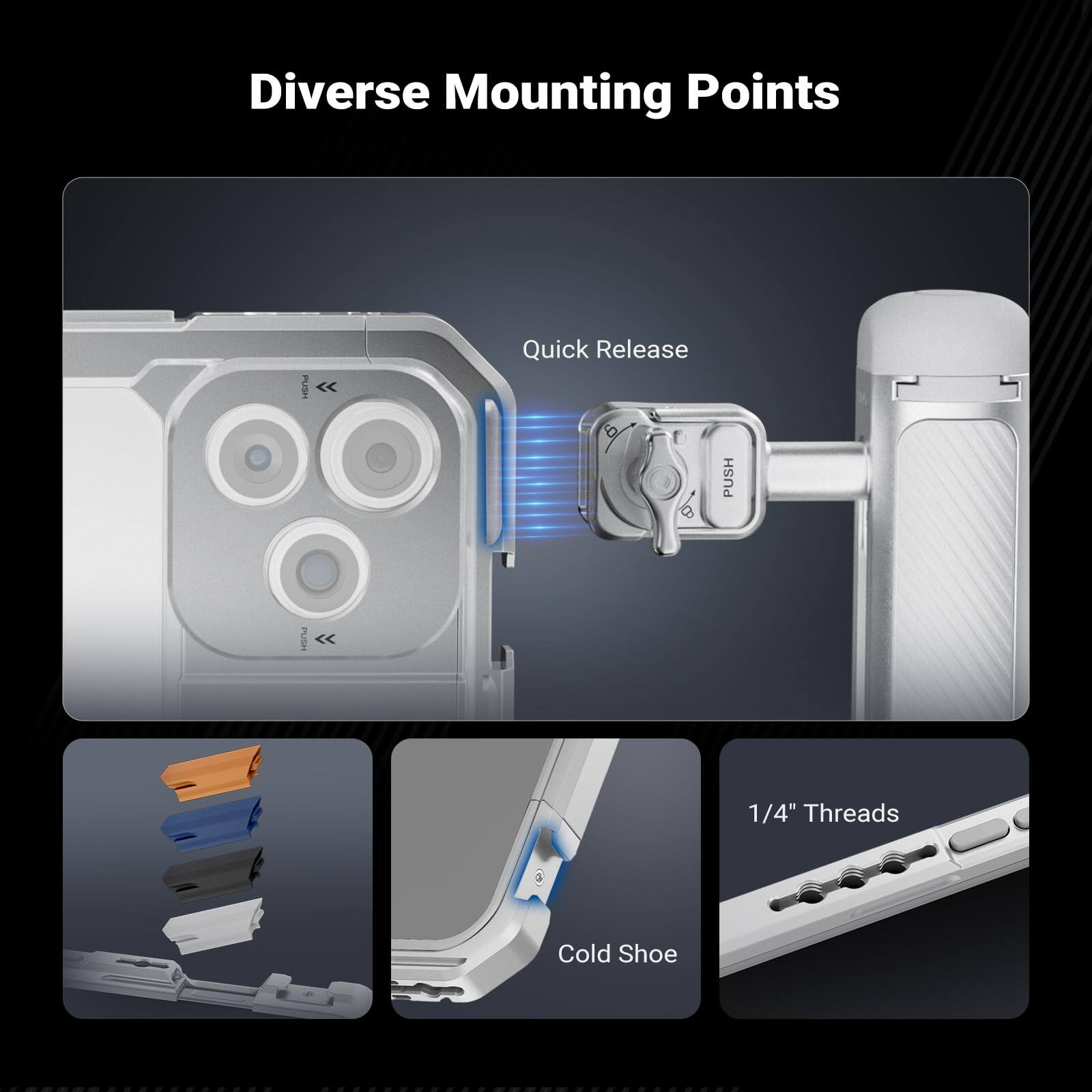 Diverse Mounting Points

- Quick Release
- 1/4" Threads
- Cold Shoe