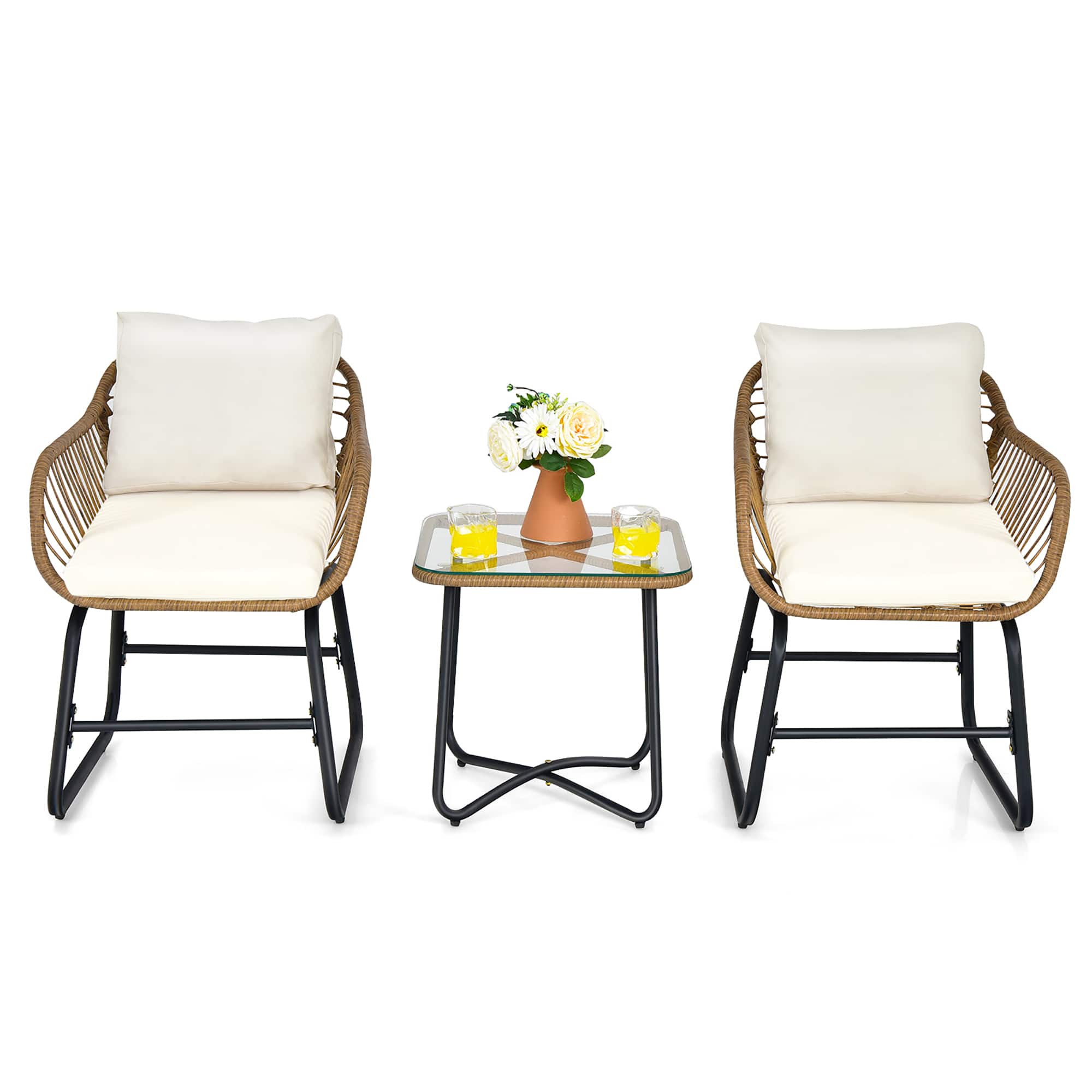 Costway - 3PCS Patio Rattan Bistro Set All-Weather Cushioned Chair Table - Off White