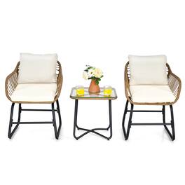 Costway - 3PCS Patio Rattan Bistro Set All-Weather Cushioned Chair Table - Off White