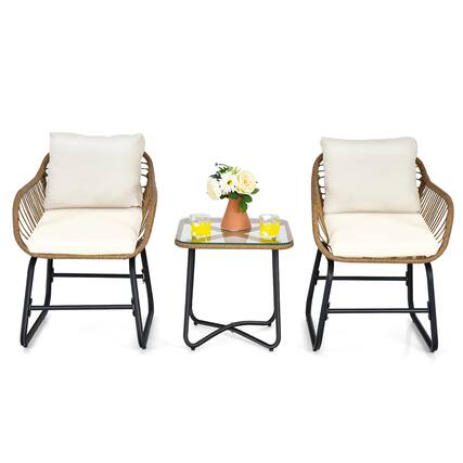 Front. Costway - Costway 3PCS Patio Rattan Bistro Set All-Weather Cushioned Chair Table - Off White.