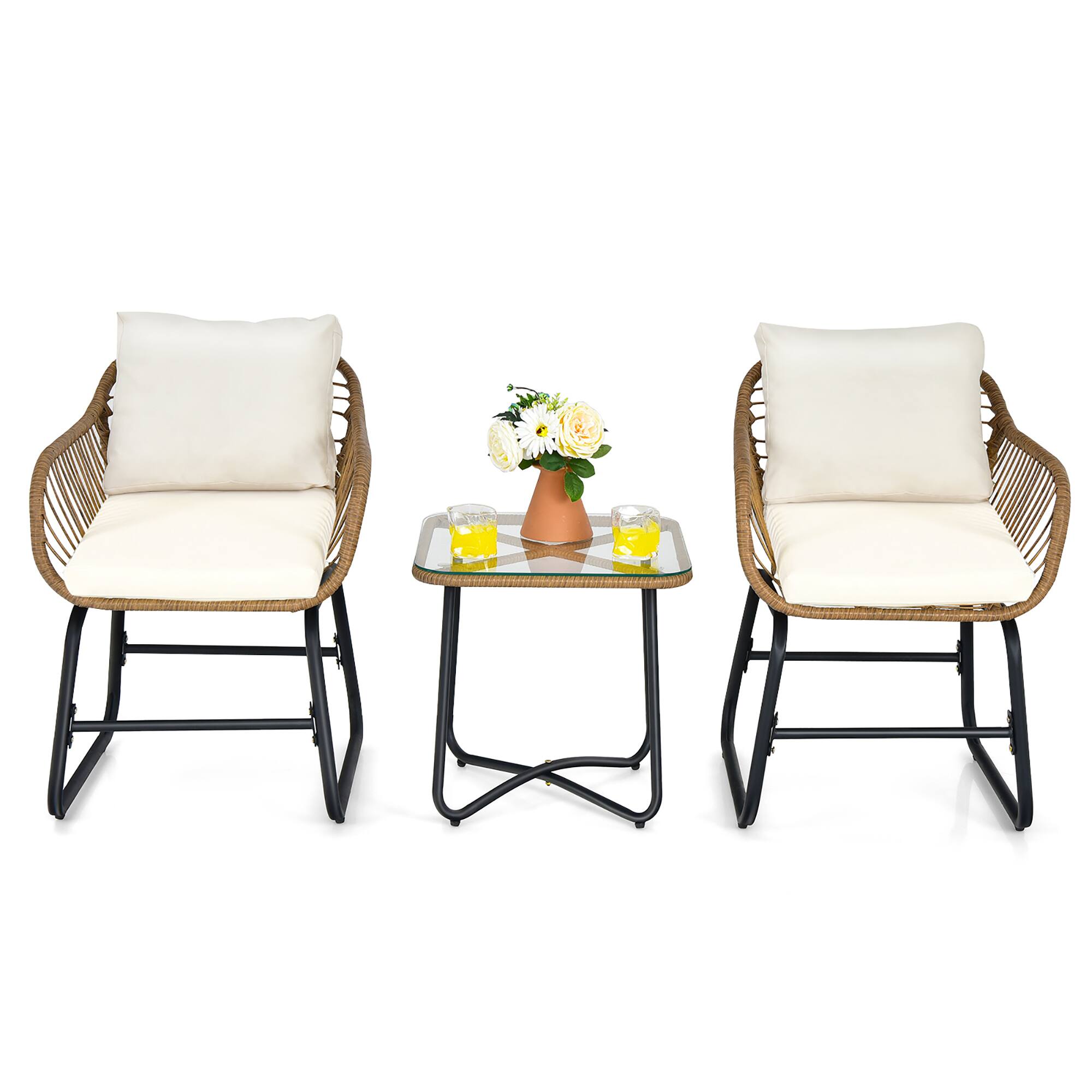 Front. Costway - Costway 3PCS Patio Rattan Bistro Set All-Weather Cushioned Chair Table - Off White.