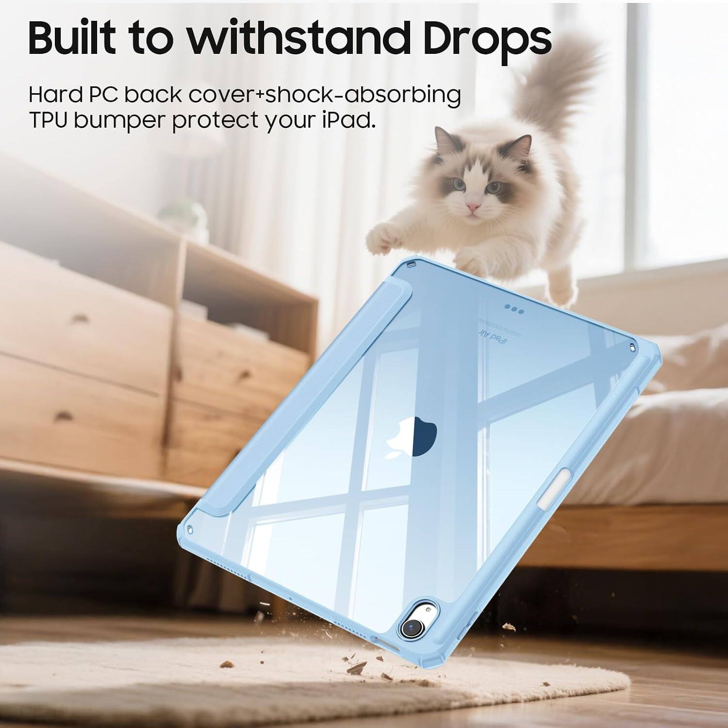 Built to withstand Drops

Hard PC back cover+shock-absorbing TPU bumper protect your iPad.
