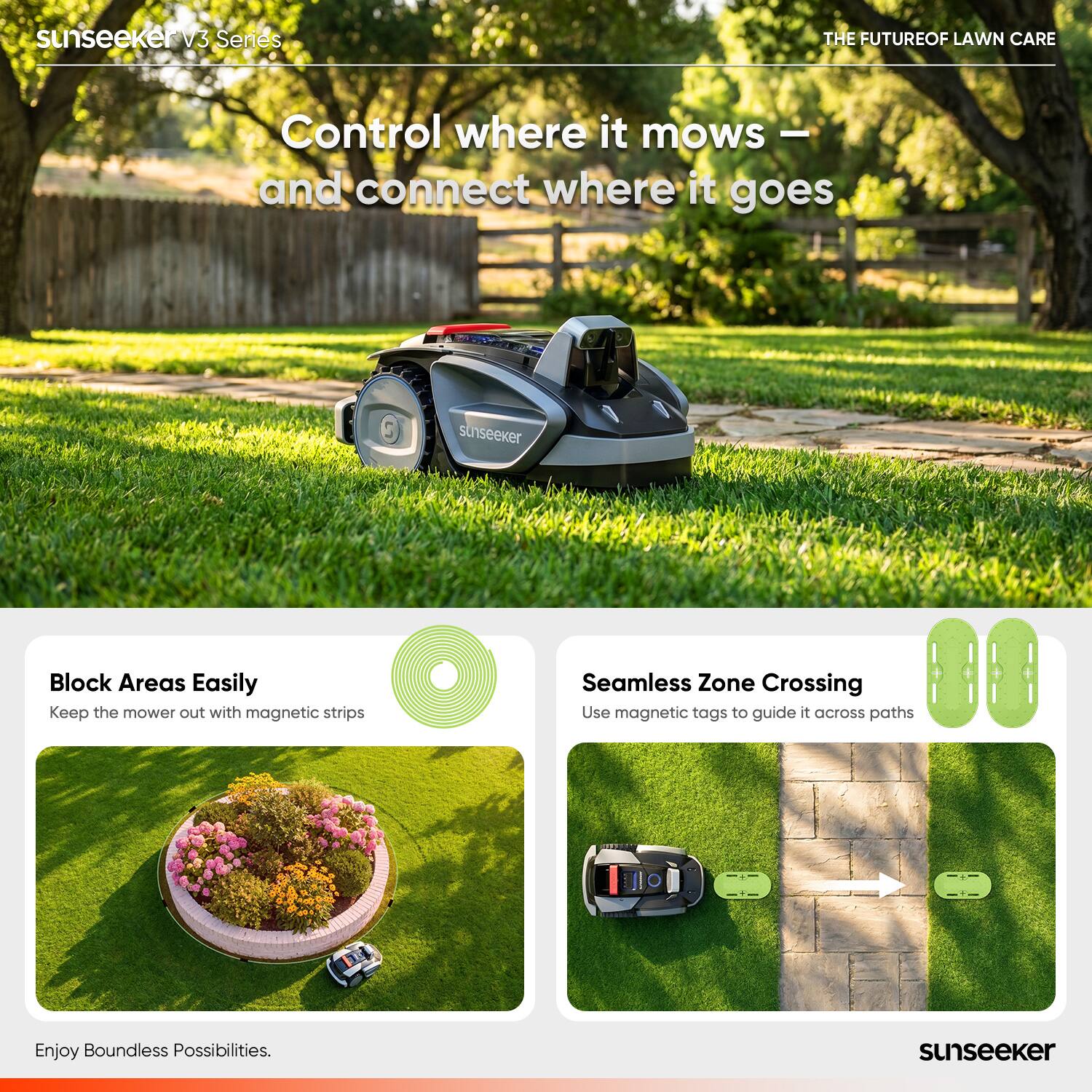 sunseeker V3 Series  
THE FUTURE OF LAWN CARE  
Control where it mows and connect where it goes  

sunseeker  

Block Areas Easily  
Keep the mower out with magnetic strips  

Seamless Zone Crossing  
Use magnetic tags to guide it across paths  

Enjoy Boundless Possibilities.