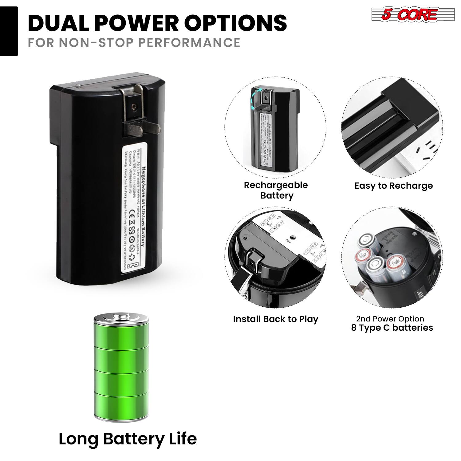 DUAL POWER OPTIONS FOR NON-STOP PERFORMANCE

5 CORE

- Rechargeable Battery
- Easy to Recharge
- Install Back to Play
- 2nd Power Option: 8 Type C batteries
- Long Battery Life
