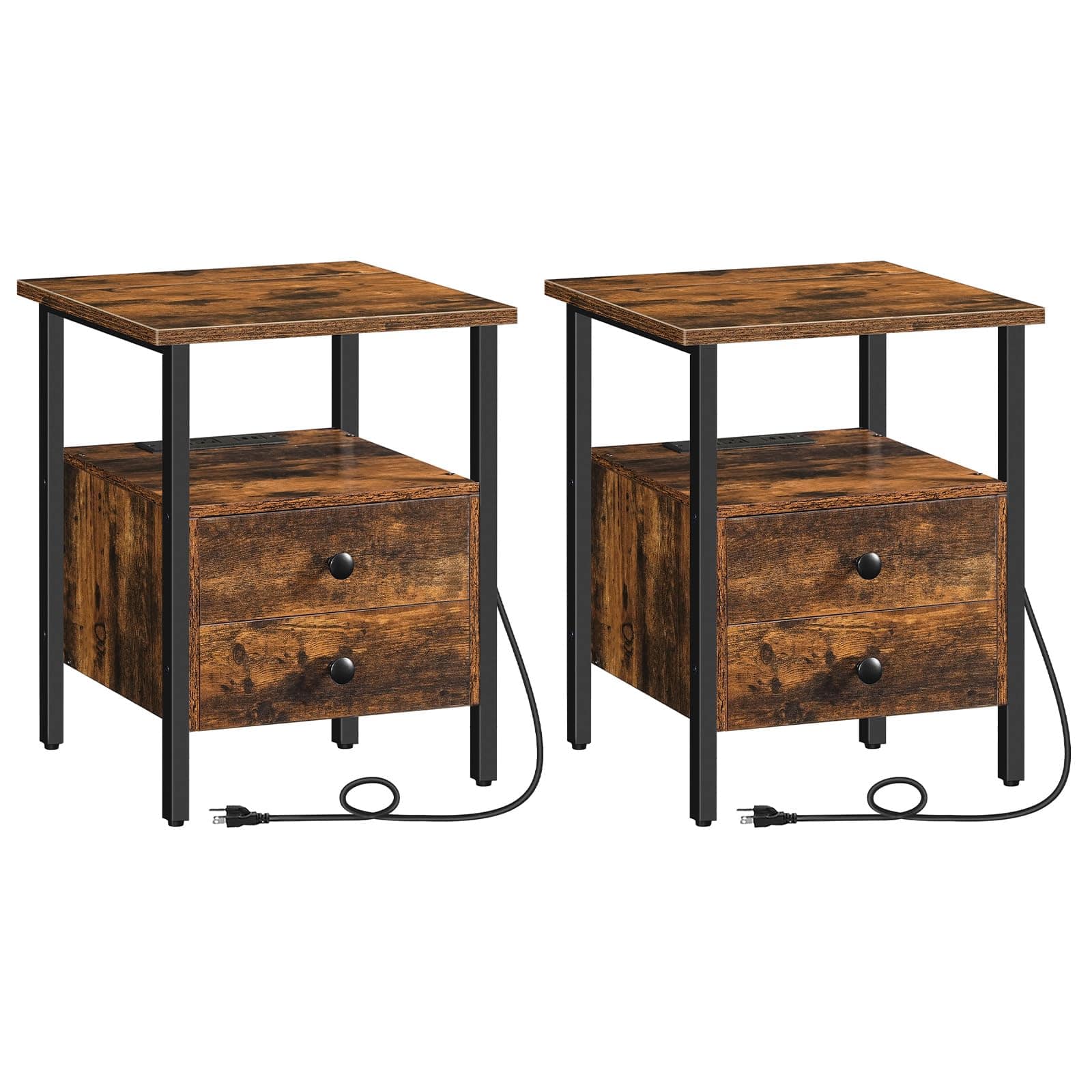 PO3TICJUNKI3 - End Table With Charging Station Bedside 2 Drawer & Usb Port Type-c Nightstand For Spaces Stable And Sturdy - Rustic Brown + Black