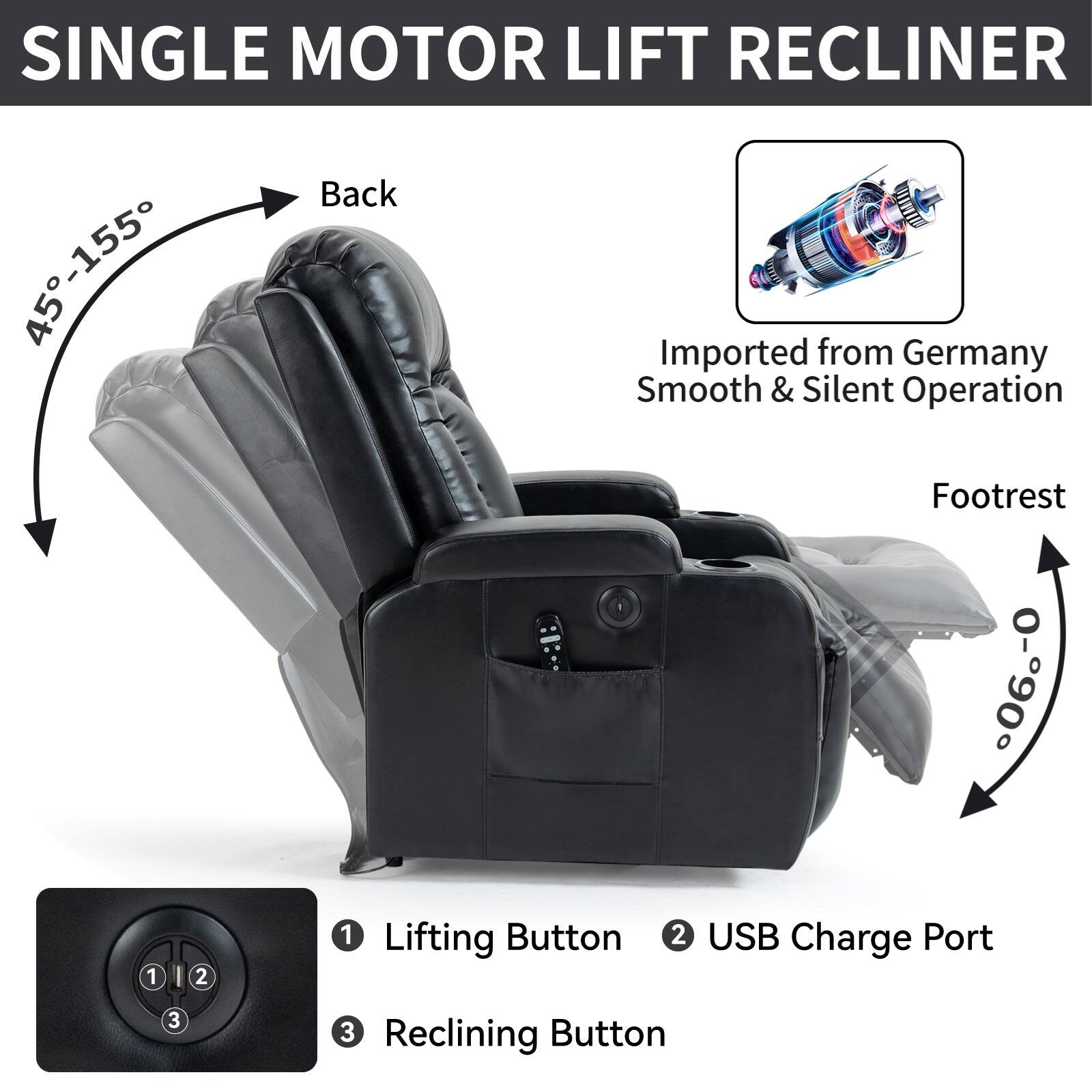 Single Motor Lift Recliner:

* Back: 45-155 45 from Imported Germany
* Smooth & Silent Operation
* Footrest
* Lifting Button
* USB Charge Port
* Reclining Button