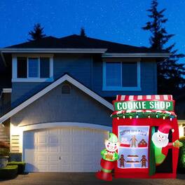 BreeBe - 6.3FT Inflatable Christmas Gingerbread Cookie Shop Decoration with Santa Claus - Red