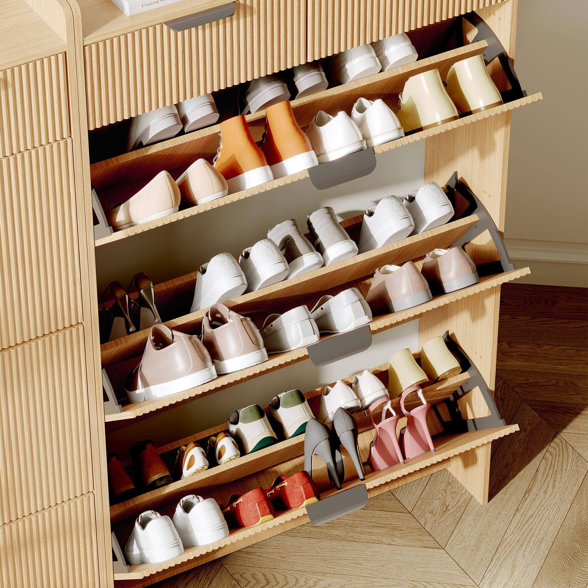 Back. Babevy - Fluted Shoe Cabinet with 3 Flip Drawers, 2 Small Drawers & Hook, Slim Hidden Shoe Storage for Entryway - Oak.