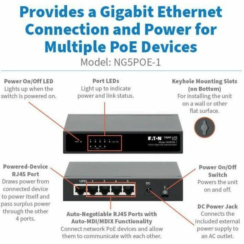 Provides a Gigabit Ethernet Connection and Power for Multiple PoE Devices  
Model: NG5POE-1  

- Power On/Off LED: Lights up when the switch is powered on.  
- Port LEDs: Light up to indicate power and link status.  
- Keyhole Mounting Slots (on Bottom): For installing the unit on a wall or other flat surface.  
- Powered-Device RJ45 Port: Draws power from a connected device to power itself and pass surplus power through the other 4 ports.  
- Auto-Negotiable RJ45 Ports with Auto-MDI/MDIX Functionality: Connect network PoE devices and allow them to communicate with each other.  
- Power On/Off Switch: Powers the unit on and off.  
- DC Power Jack: Connects the included external power supply to an AC outlet.