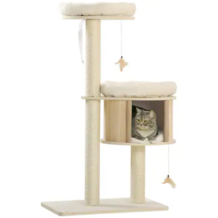 Front. TinyHomie - 3-Level Cat Tree with Sisal Scratching Posts Fun Cat Badminton Toy for Playing Soft Cushions and Play Areas - Natural.