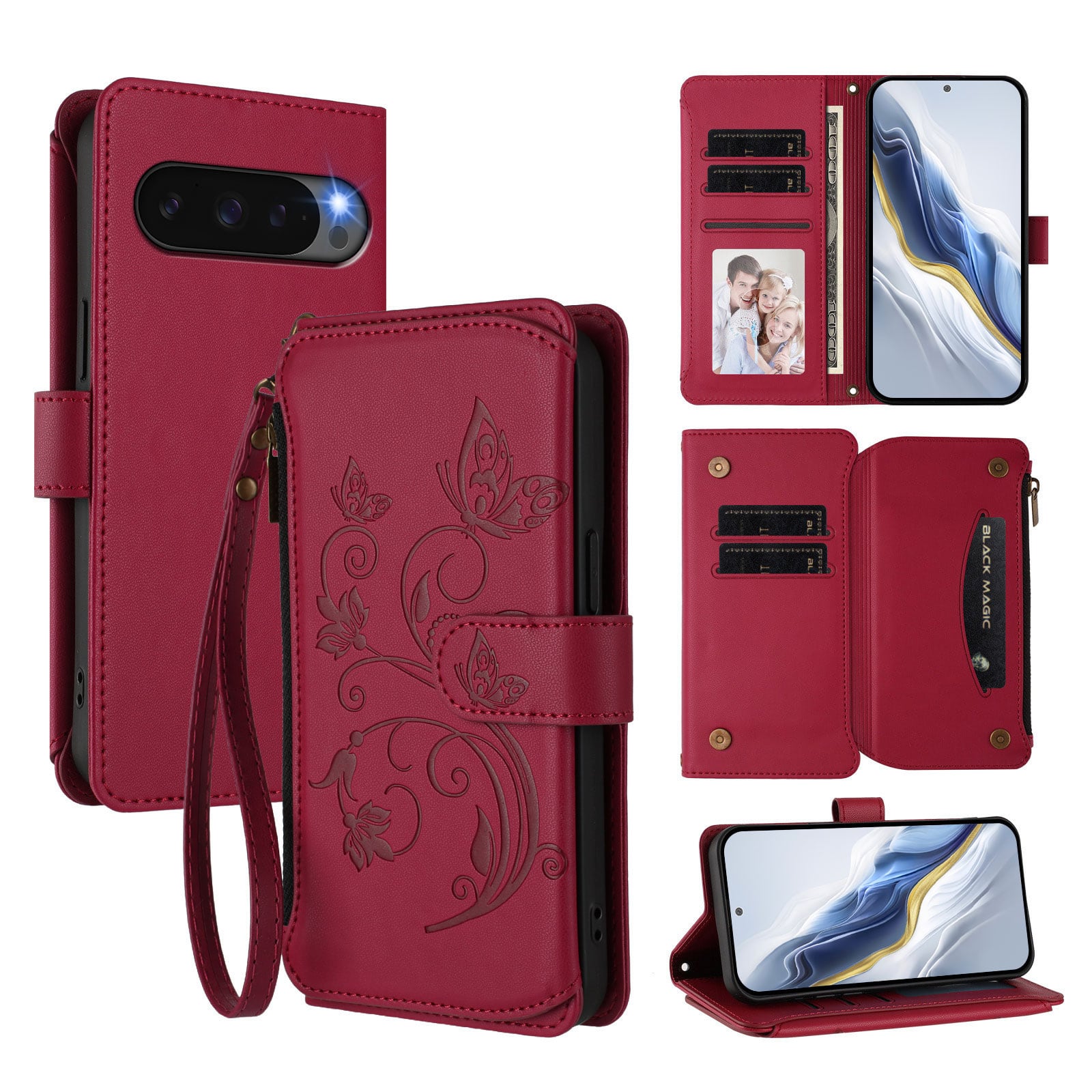 Dteck - Crossbody Wallet Case for Google Pixel 10 Pro XL,Embossed Butterfly Flower Folio Cover with Zipper Pocket+Strap - Red price history on PriceWatchPro