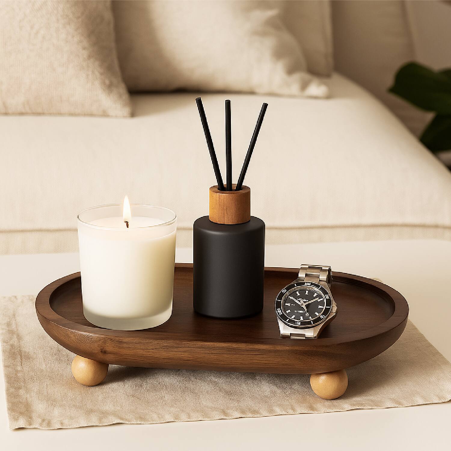 Angle. Garnen - Kitchen Wooden Serving Tray Acacia Wood Tray for Coffee Table Bathroom Vanity Counter Oval Pedestal Stand Wood Tray - Brown.