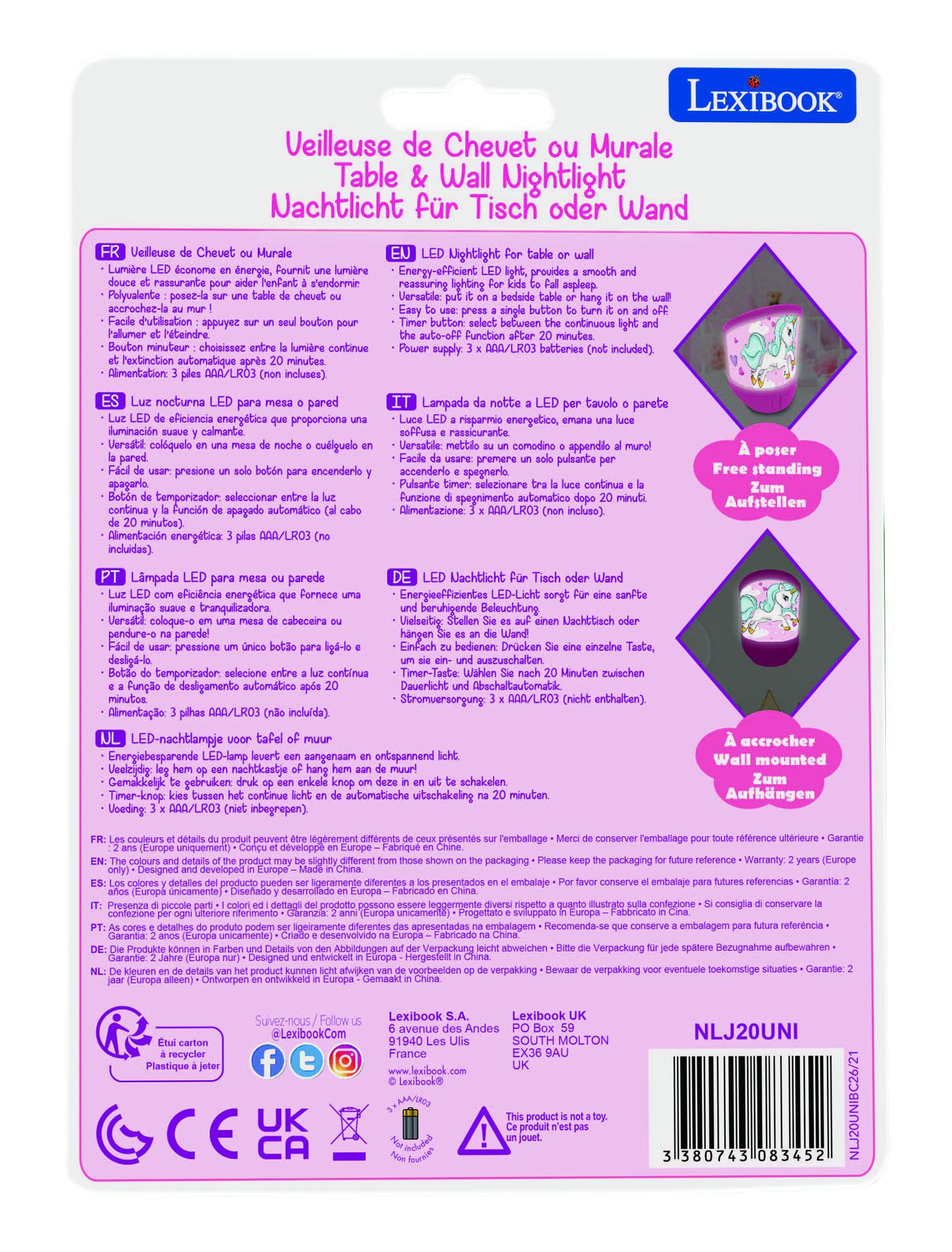 LEXIBOOK Veilleuse de Chevet ou Murale Table Nightlight Nachtlicht fr Tisch oder Wand Veileuse Chevet Murale Lumière économe énergie, Fournit lumière rassurante s'endormir Polyvalente posez-la chevet accrochez-la d'utilisation bouton allumer Bouton minuteur choisissez lumière continue Pextinction minutes Alimentation: incluses). prouvides smooth lighting aspleep Versatile: bedside single button button between continuous Function minutes supply. AAA/LRO3 batteries included). nocturna pared eFiciencia energética proporciona iluminación calmante Uereste coloquelo pared presione encenderlo apagario seleccionar continua Función apagado automatico Alimentación AAA/LRO3 incluidas) Lampada notte tavolo parete risparmio energetico, soffusa Versabdle mettio comodino appendlo premere pulsante accenderlo spegneria Pulsante selezionare continua Funzione spegnimento automatico AAA/LR03 incluso) poser Free standing Zum Aufstellen Lmpada parede Uachtlicht Tisch Wand efi

Veilleuse de