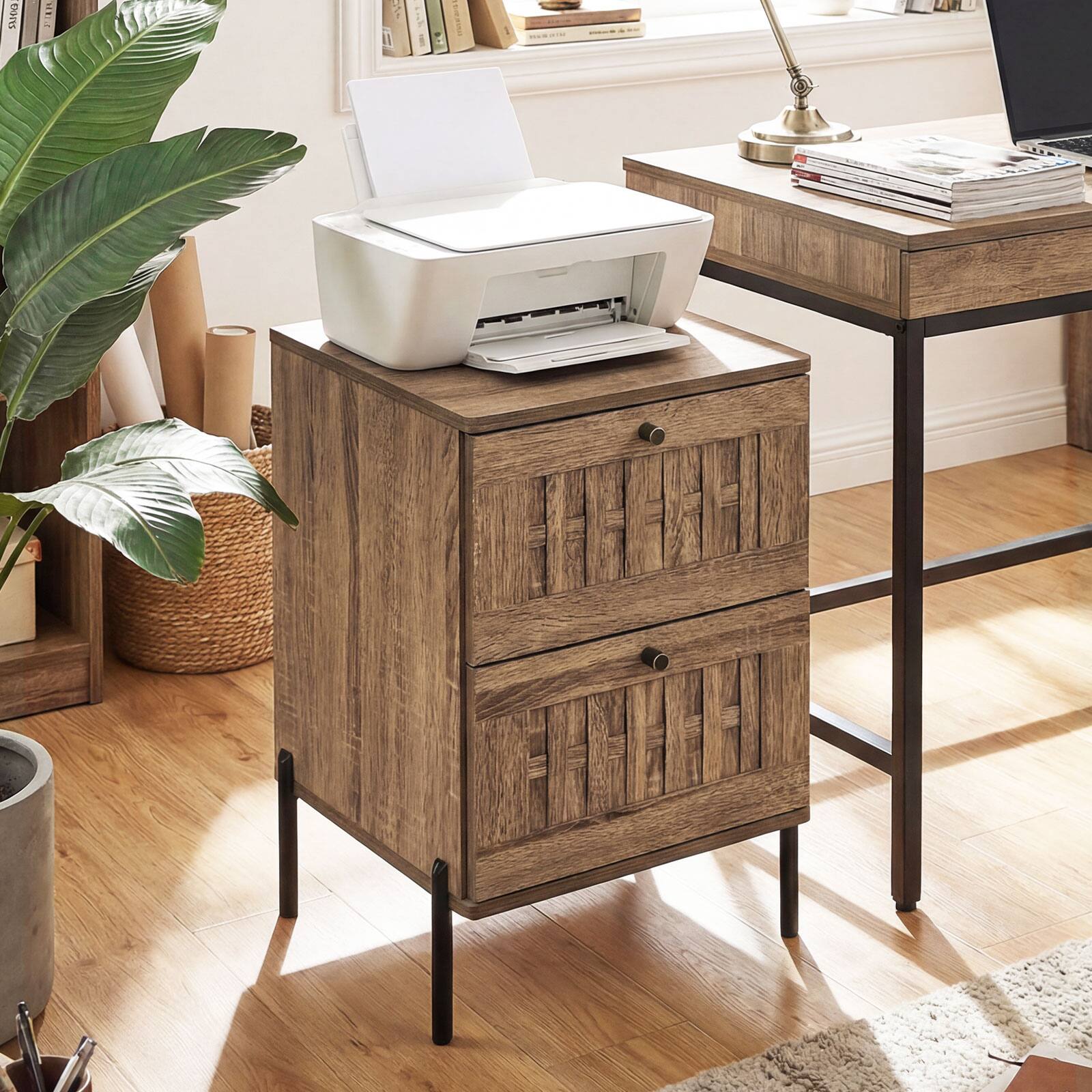 Alt View 1. Gymax - Gymax Nightstand w/2 Woven Storage Drawers Metal Support Legsfor BedroomRustic Oak - Yellow.