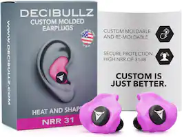 Decibullz - Custom Molded Earplugs, 31dB NRR Hearing Protection for Shooting, Travel, Swimming, Work, Concerts – - Pink