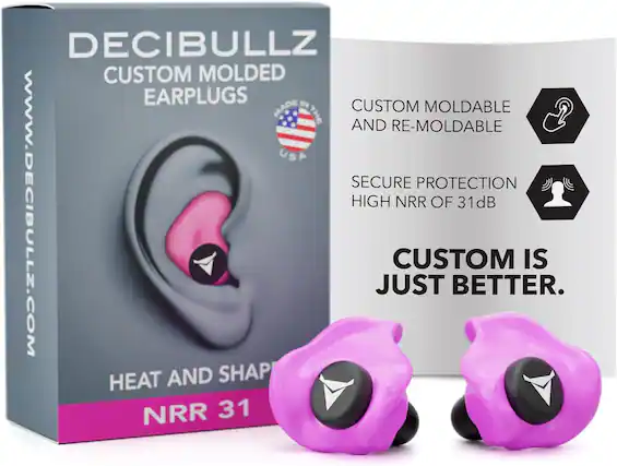 DECIBULLZ CUSTOM MOLDED EARPLUGS IN CUSTOM MADE MOLDABLE AND RE-MOLDABLE. SECURE PROTECTION HIGH NRR OF 31dB. WWW.DECIBULLZ.COM. JUST CUSTOM BETTER. HEAT AND SHAPE NRR 31.
