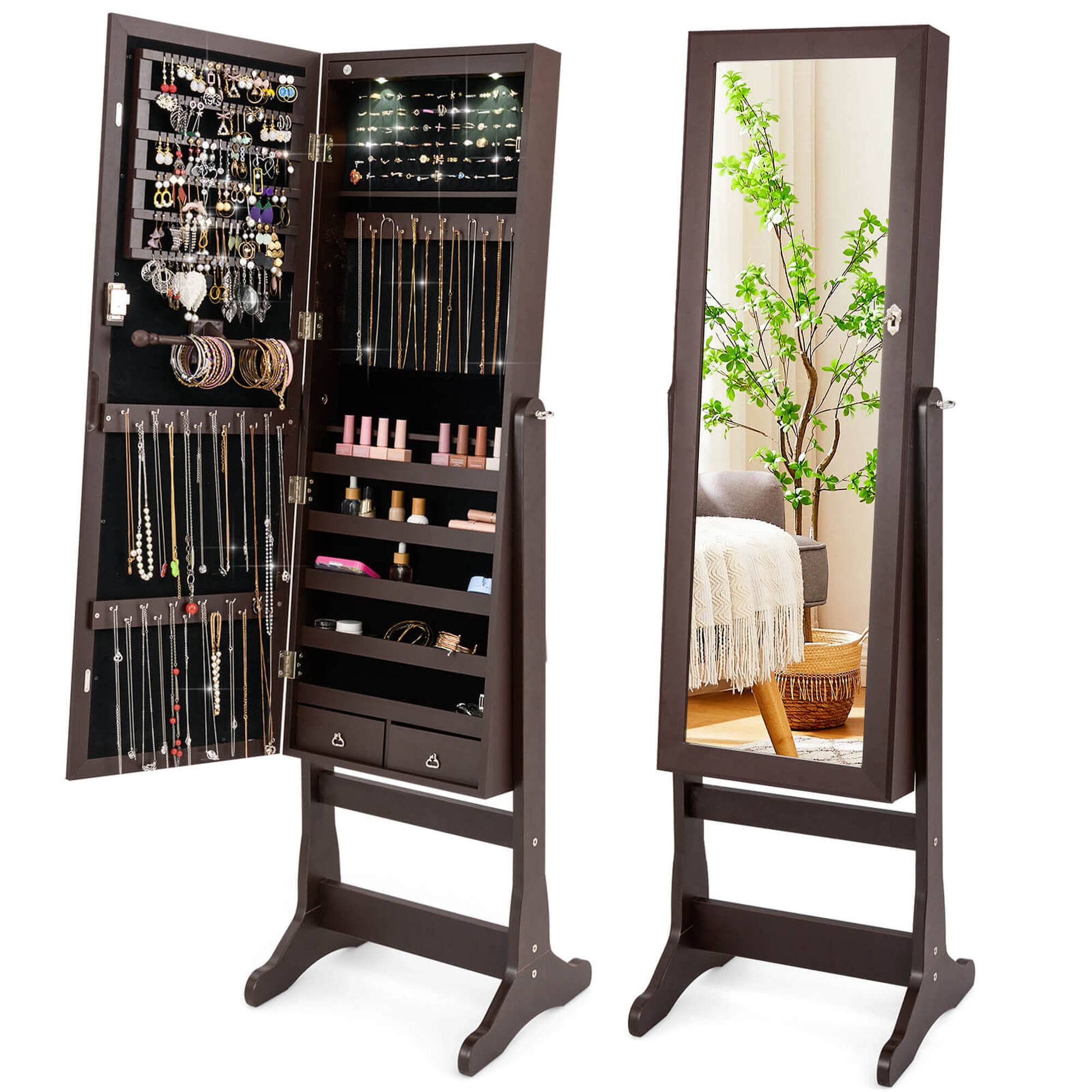 Front. Costway - Mirrored Jewelry Cabinet Organizer Storage Stand with LED Lights Clearance Brown - Brown.