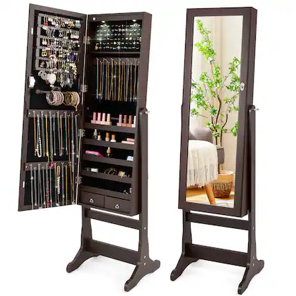 Front. Costway - Mirrored Jewelry Cabinet Organizer Storage Stand with LED Lights Clearance Brown - Brown.