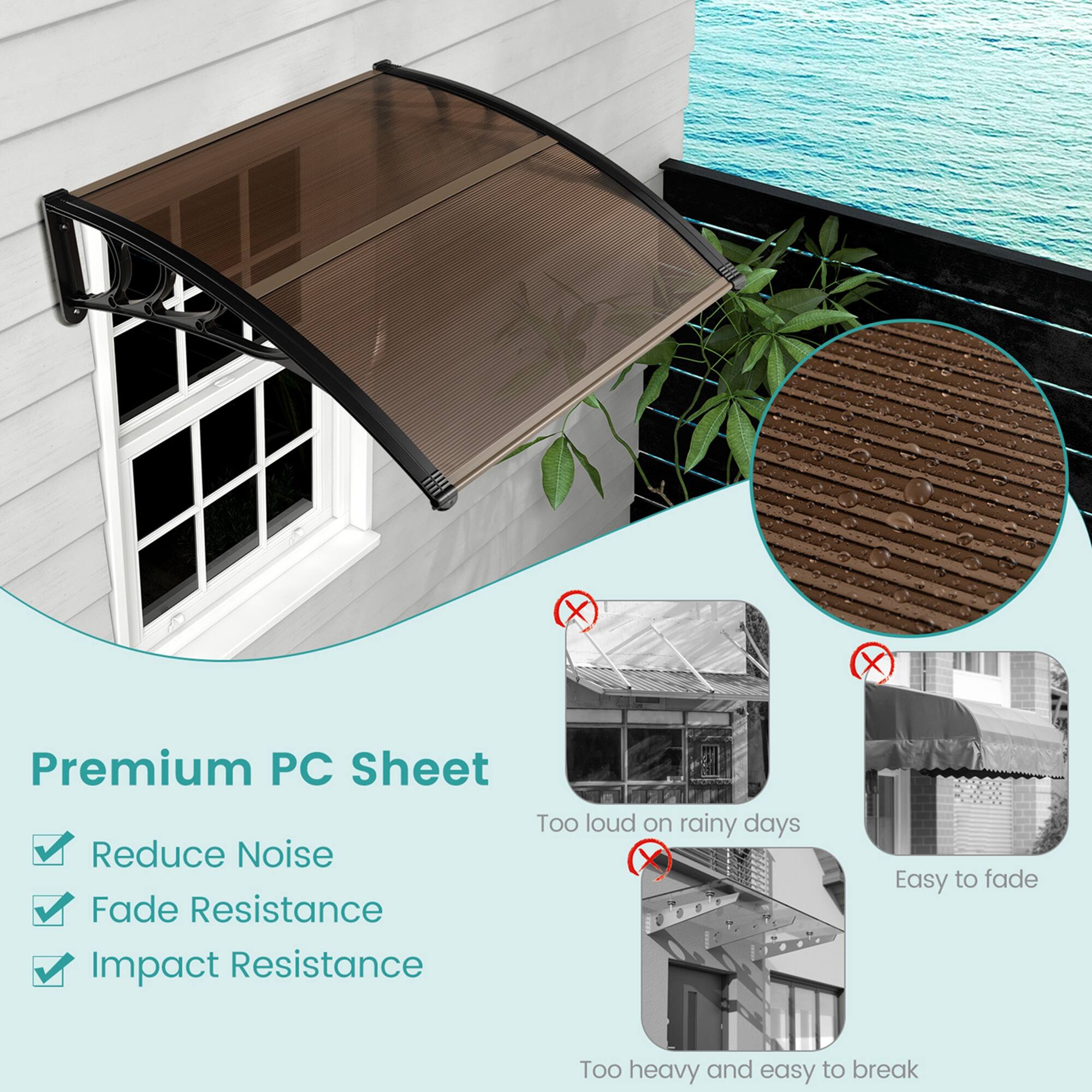 Premium PC Sheet  
- Reduce Noise  
- Fade Resistance  
- Impact Resistance  

Too loud on rainy days  
Easy to fade  
Too heavy and easy to break