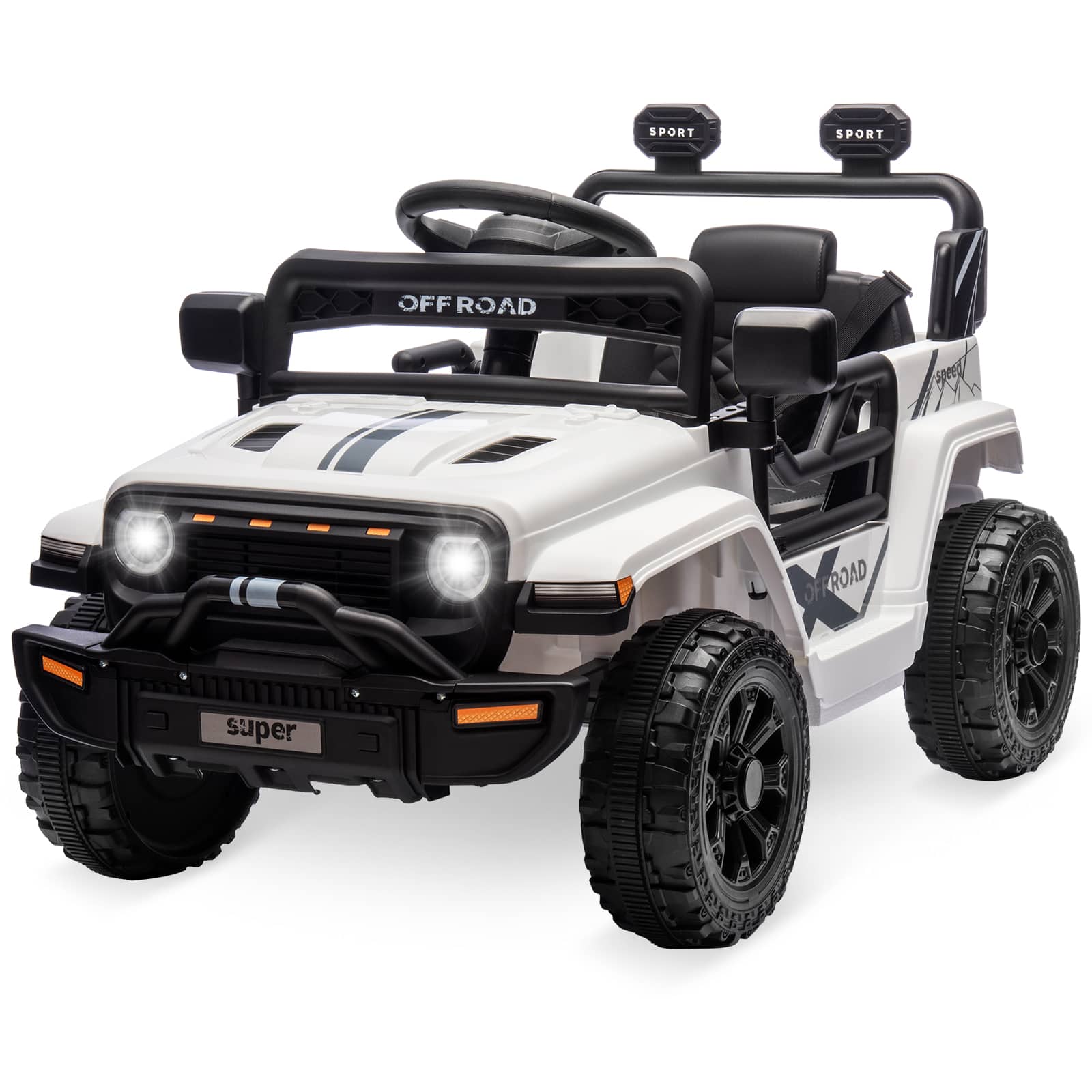 Qeetex - Ride On Truck Car, 12V Ride On Toy w/Parent Remote Control, Steering Wheel Music, 4-Wheel Spring Suspension, Led Lights - White