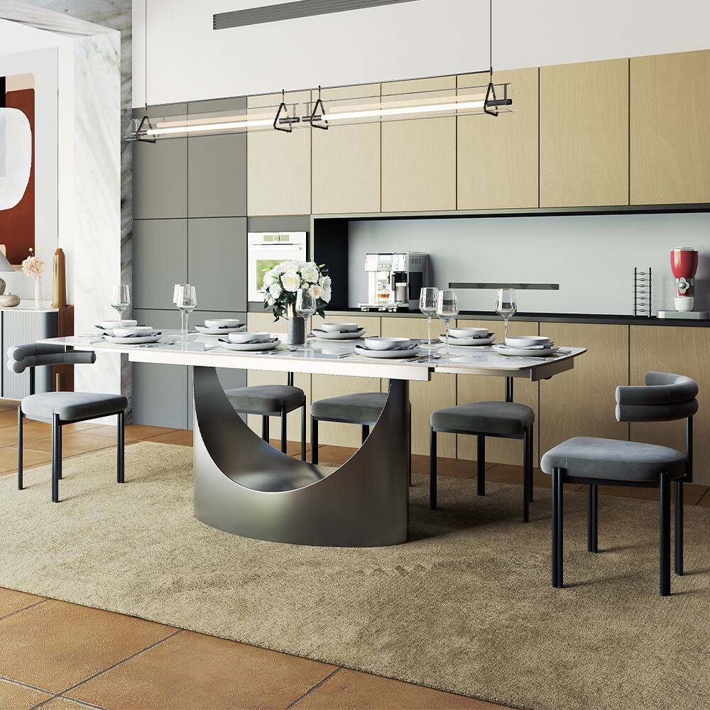 Alt View 2. POVISON - 71"-95"Extendable Modern White Dining Table for 6-10, Rectangular Glossy Sintered Stone Tabletop, Gray Carbon Steel Leg - Glossy White Sintered Stone with Gray.