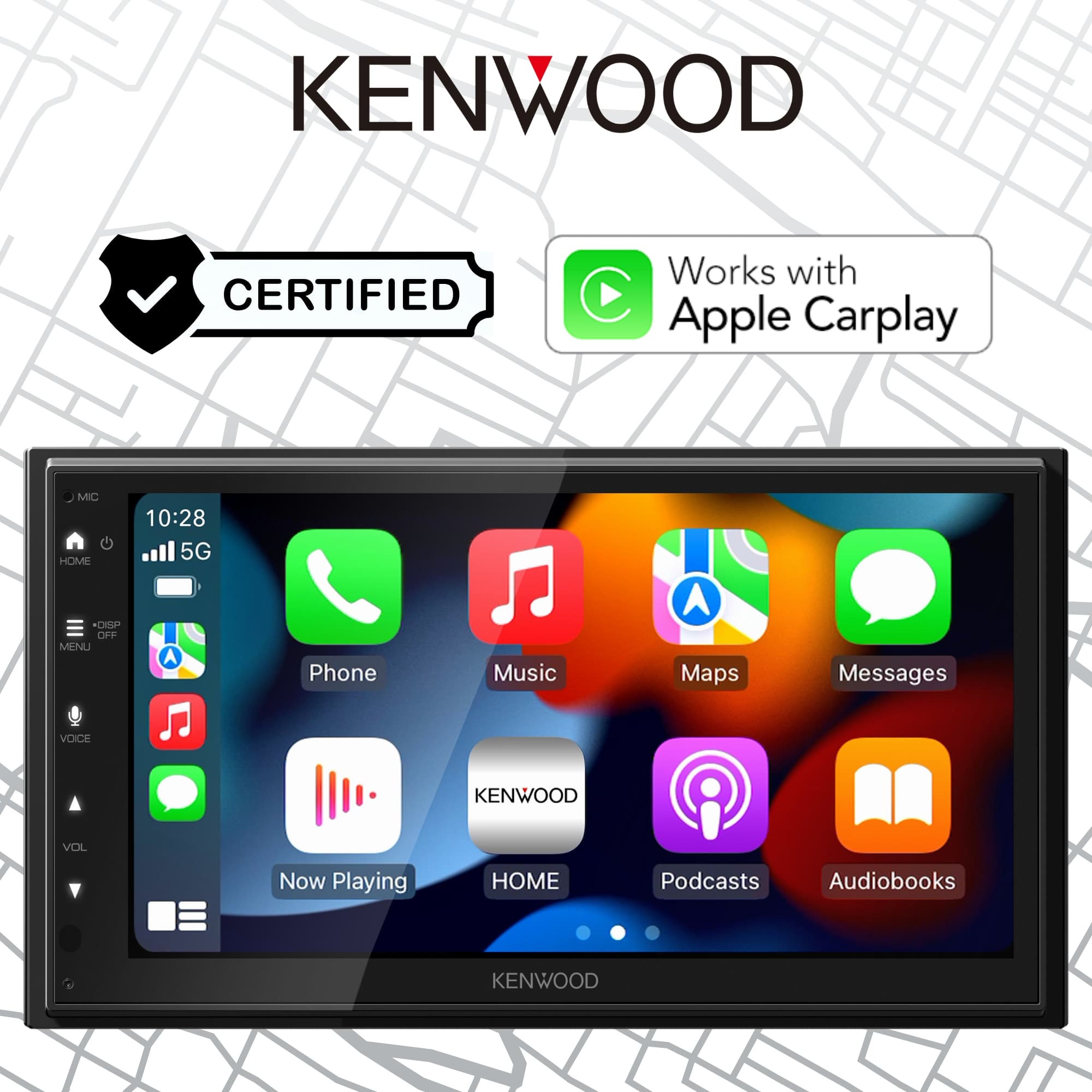 KENWOOD is certified and works with Apple Carplay. The image shows the time as 10:28 and displays the 5G E network. The menu includes options for Phone, Music, Maps, Messages, and Voice. The device is currently playing music, and there are podcasts and audiobooks available as well.