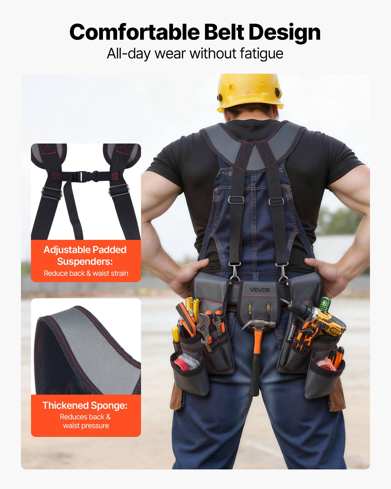 Comfortable Belt Design  
All-day wear without fatigue  

Adjustable Padded Suspenders:  
Reduce back & waist strain  

Thickened Sponge:  
Reduces back & waist pressure
