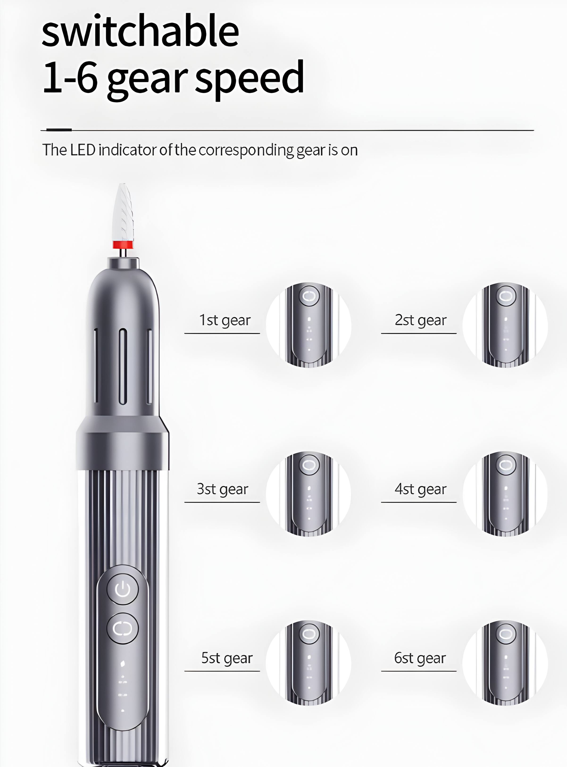 switchable 1-6 gear speed  
The LED indicator of the corresponding gear is on  
1st gear  
2nd gear  
3rd gear  
4th gear  
5th gear  
6th gear