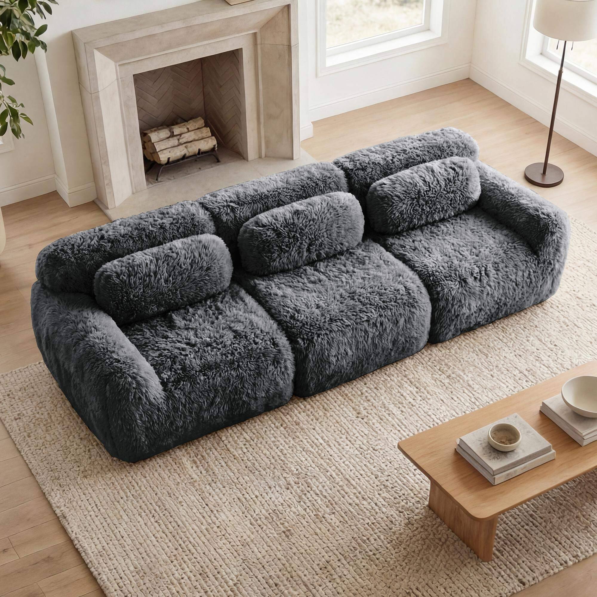 Back. Roomtec - 114Soft And Fluffy Plush FabricModular Sectional Sofa CouchesErgonomic Design With Throw PillowsFullcompression Vacuum - DARK GREY.