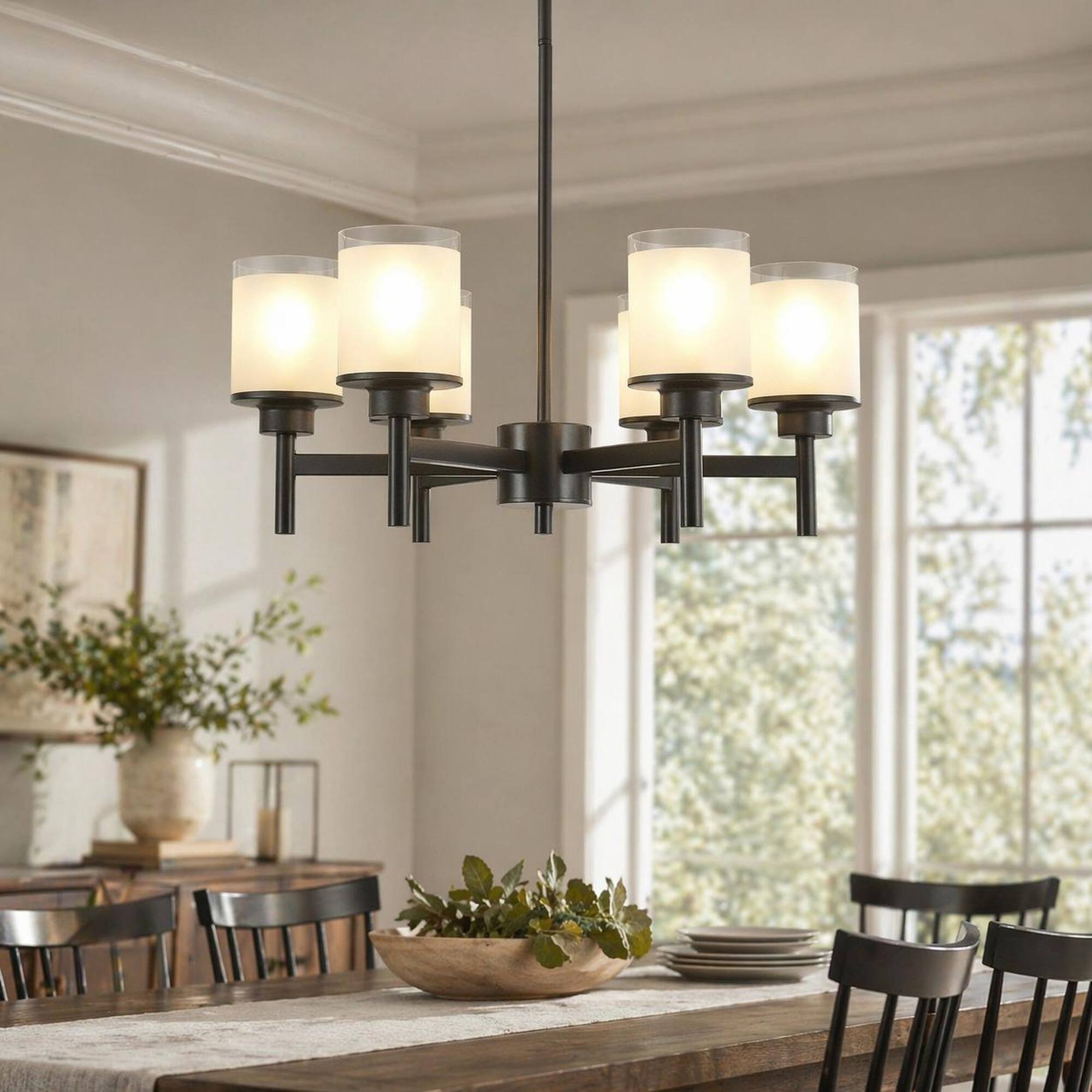 Alt View 2. RYHNUYNE - 6-Light Frosted Glass Farmhouse Chandelier with Adjustable Hanging Rods, Black Metal Industrial Pendant Light.