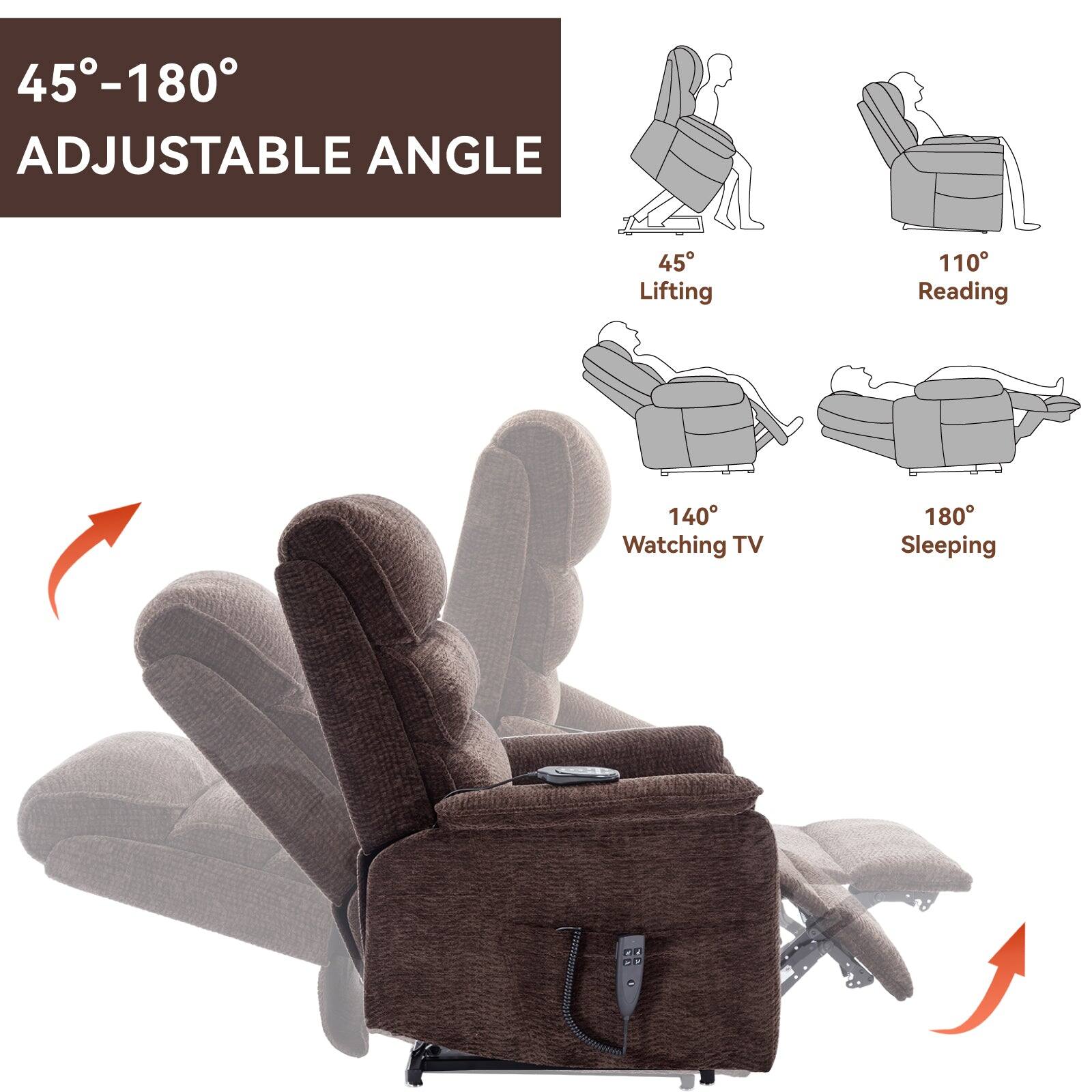 45°-180° Adjustable Angle

45° Lifting  
110° Reading  
140° Watching TV  
180° Sleeping