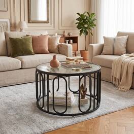 WELLFOR - 24" Round Coffee Table with Tempered Glass Top and Oval Swivel Brackets, Modern Center Table Cocktail Tea Table - Black