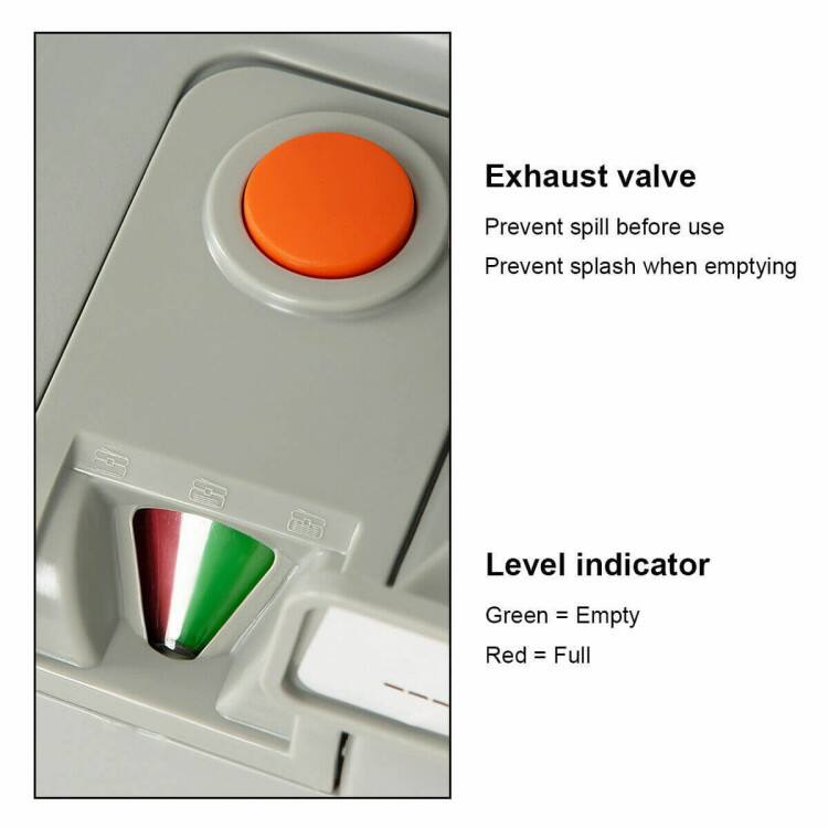 Exhaust valve  
Prevent spill before use  
Prevent splash when emptying  

Level indicator  
Green = Empty  
Red = Full