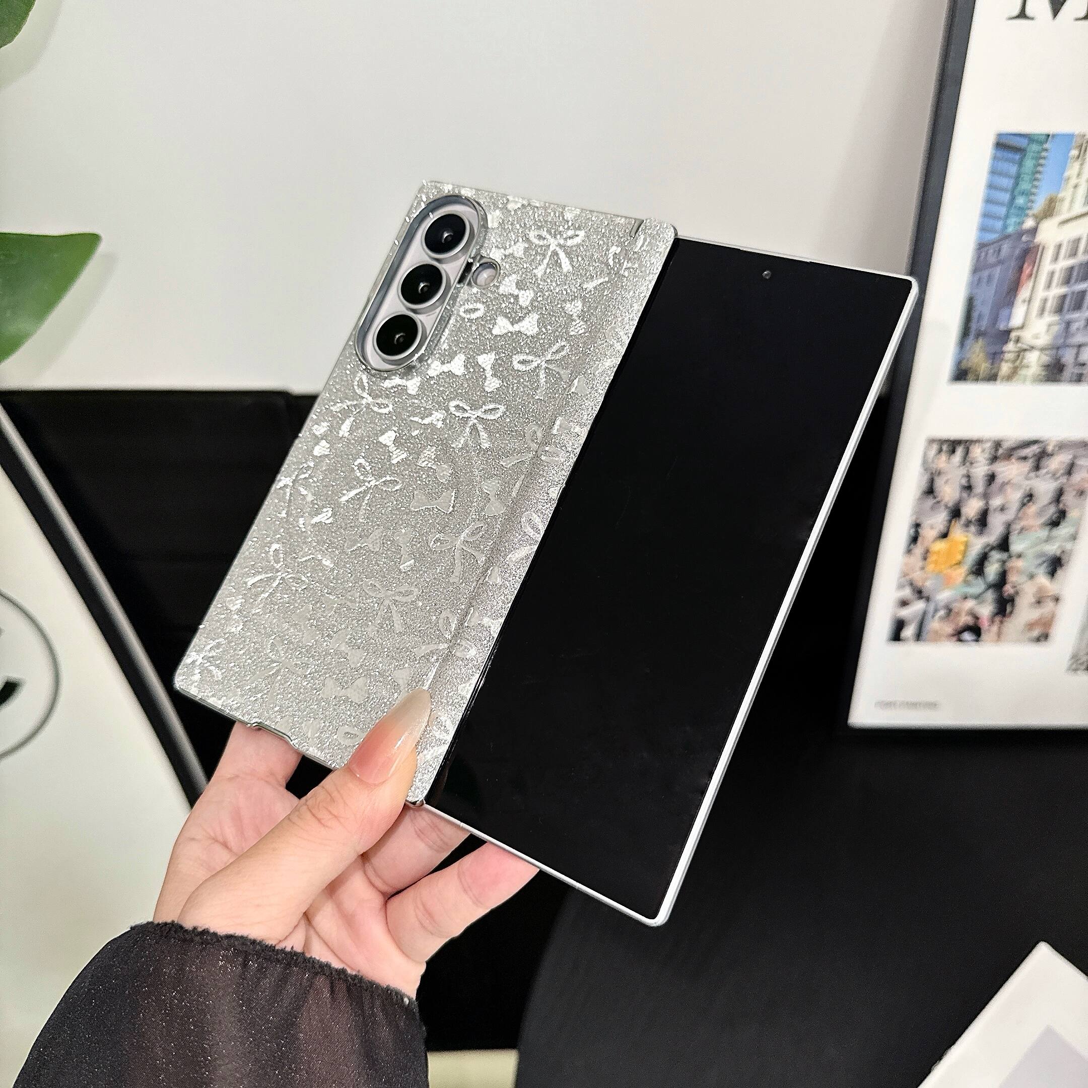 Angle. Dteck - Glitter Electroplated Frame Phone Case for Samsung Galaxy Z Fold8 Ultra, Faux Leather Rigid Plastic Magnetic Hinge Cover - Purple.