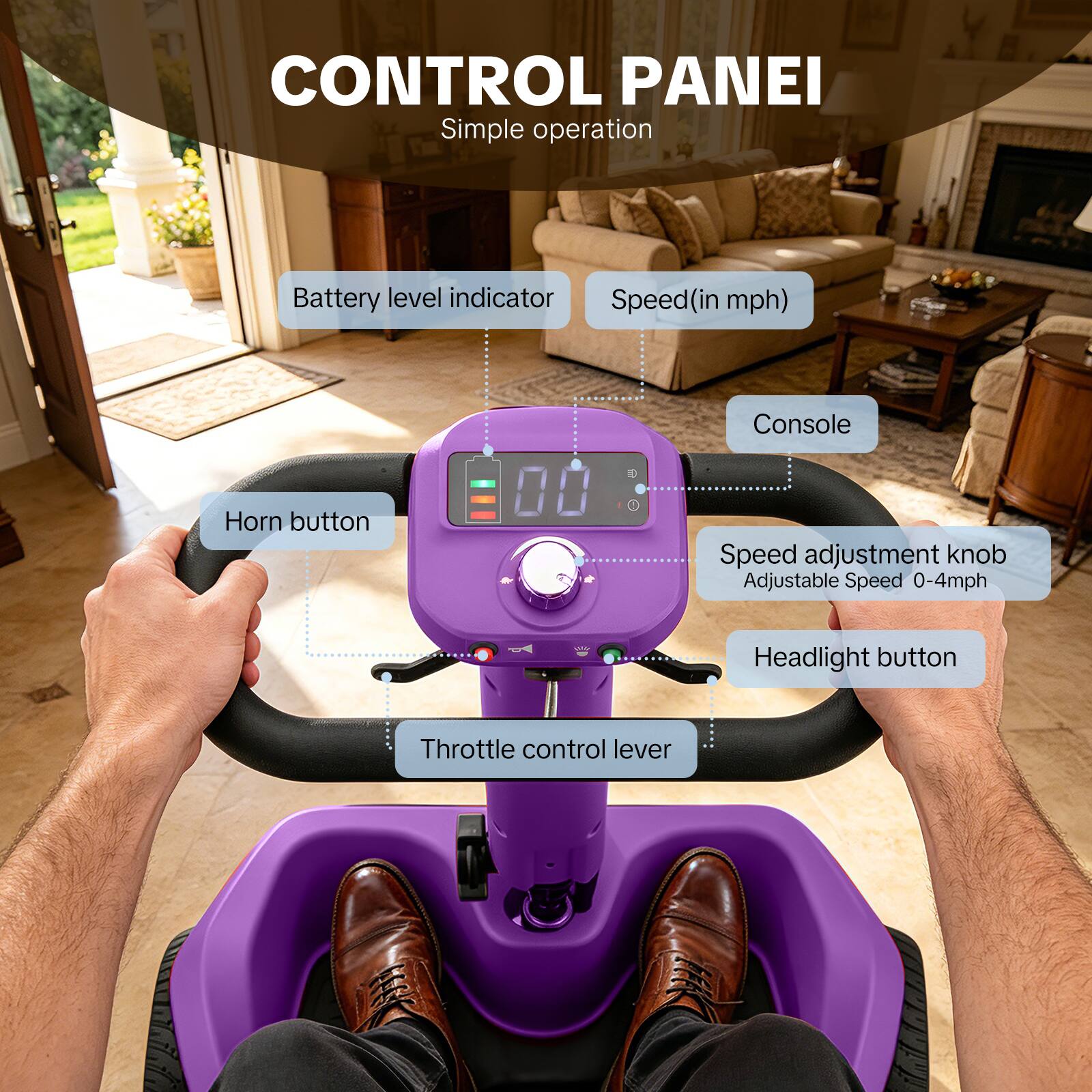 CONTROL PANEL  
Simple operation  
Battery level indicator  
Speed (in mph)  
Console  
Horn button  
Speed adjustment knob  
Adjustable Speed 0-4mph  
Headlight button  
Throttle control lever