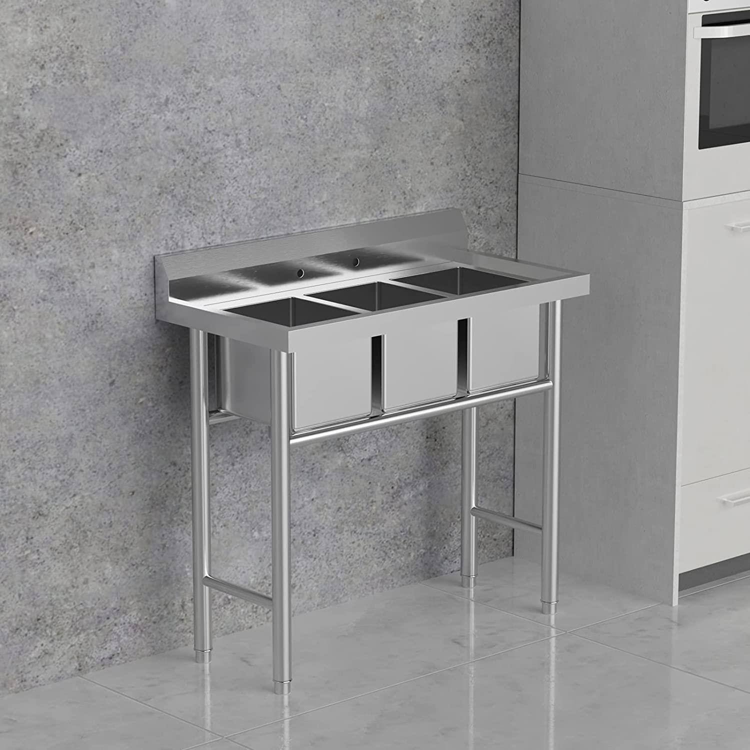 Left. Winado - Commercial Stainless Steel 3 Compartment Sink Free Standing Utility Sink with Backsplash, Adjustable Legs for Restaurant - Silver.