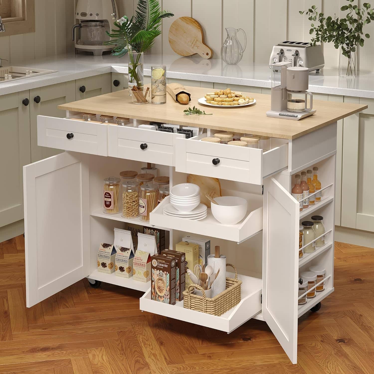 Homhougo - Rolling Kitchen Island with Drop-Leaf Top, Charging Station, Storage Cart with Shelves/Drawers, 47.2" - White