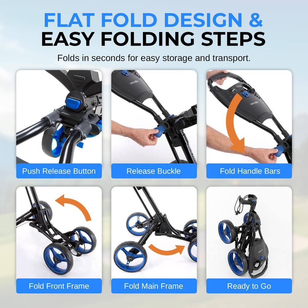 FLAT FOLD DESIGN & EASY FOLDING STEPS  
Folds in seconds for easy storage and transport.

- Push Release Button
- Release Buckle
- Fold Handle Bars
- Fold Front Frame
- Fold Main Frame
- Ready to Go