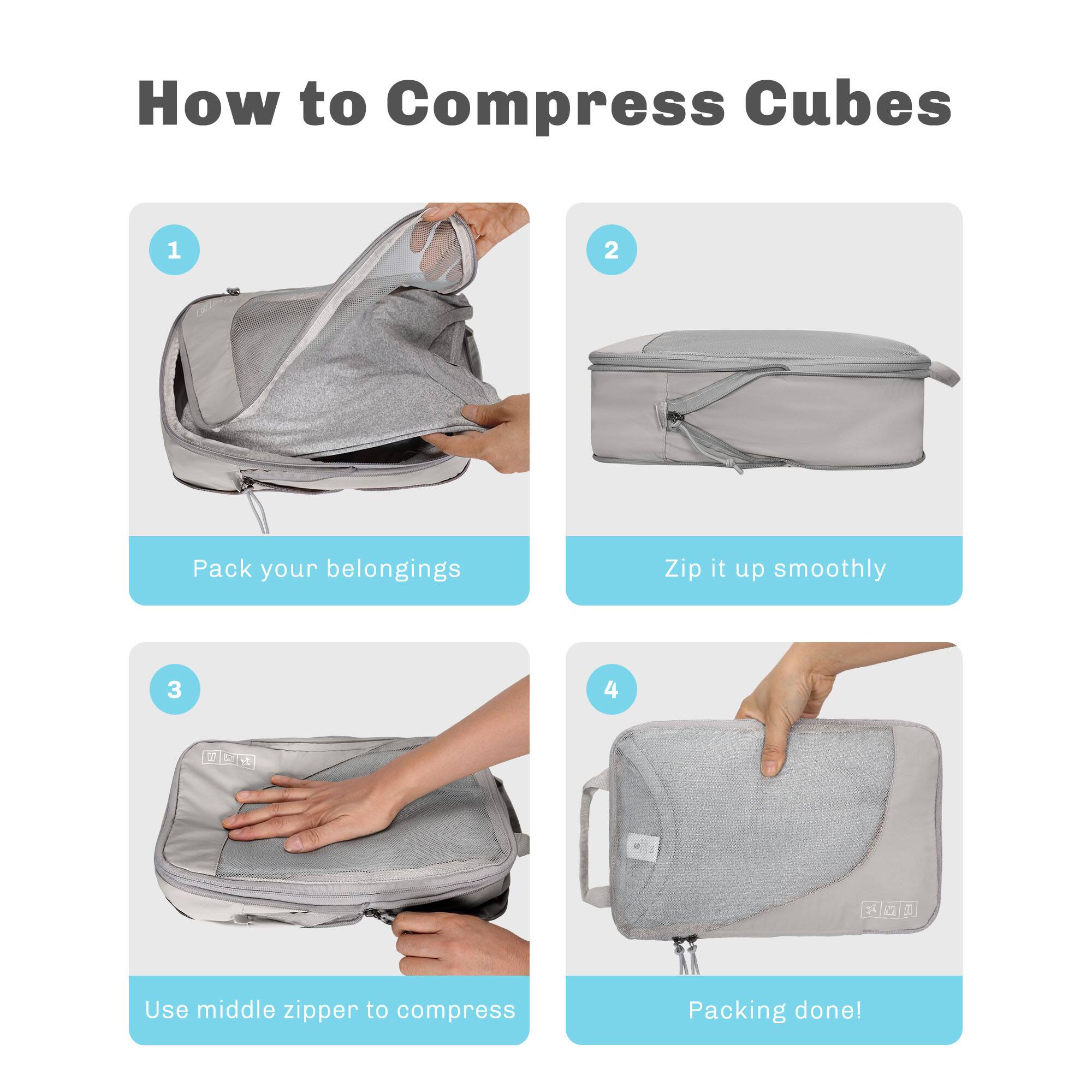 How to Compress Cubes

1. Pack your belongings
2. Zip it up smoothly
3. Use middle zipper to compress
4. Packing done!
