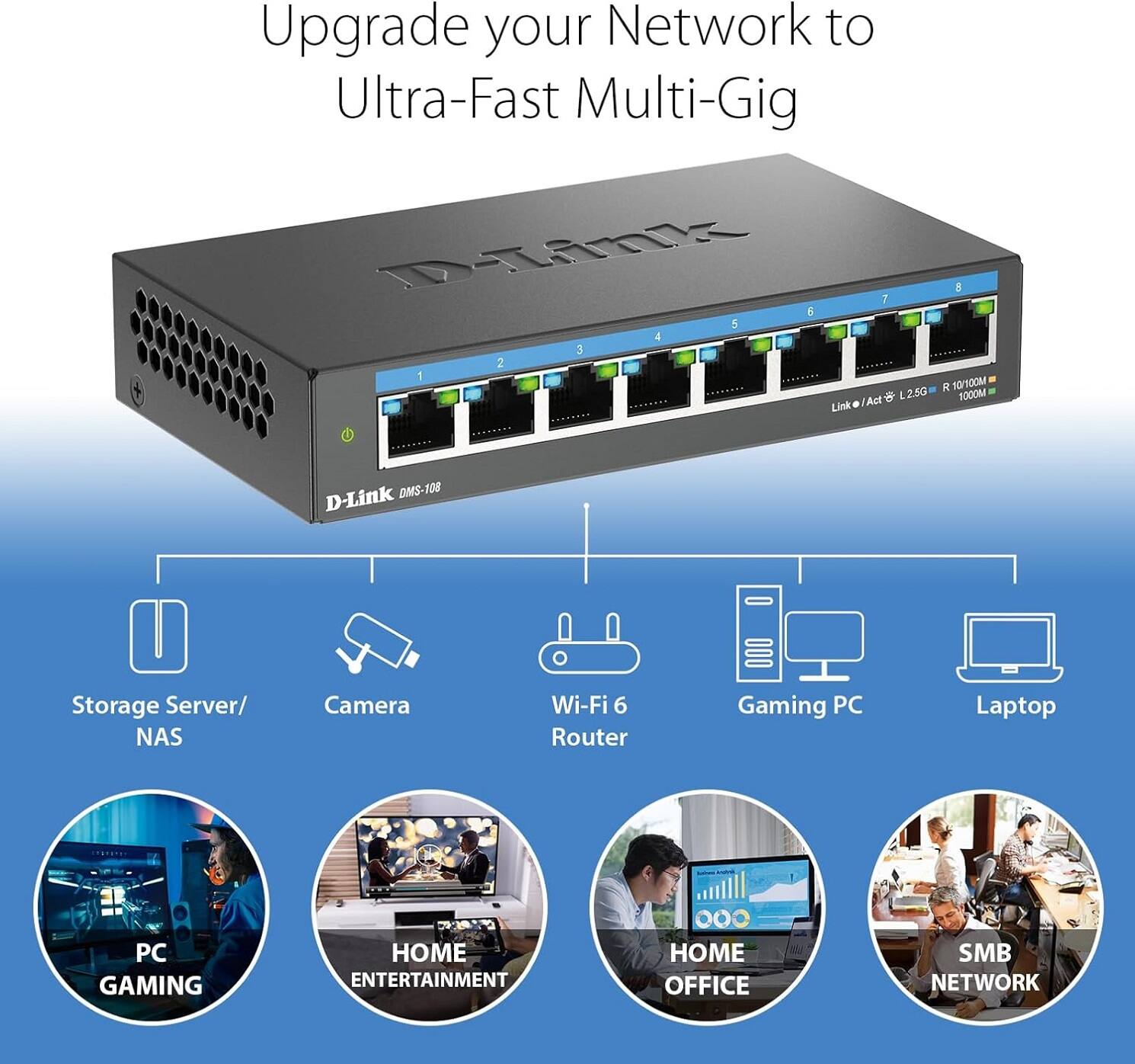 Upgrade your Network to Ultra-Fast Multi-Gig

D-Link DMS-108

- Storage Server/NAS
- Camera
- Wi-Fi 6 Router
- Gaming PC
- Laptop
- PC Gaming
- Home Entertainment
- Home Office
- SMB Network