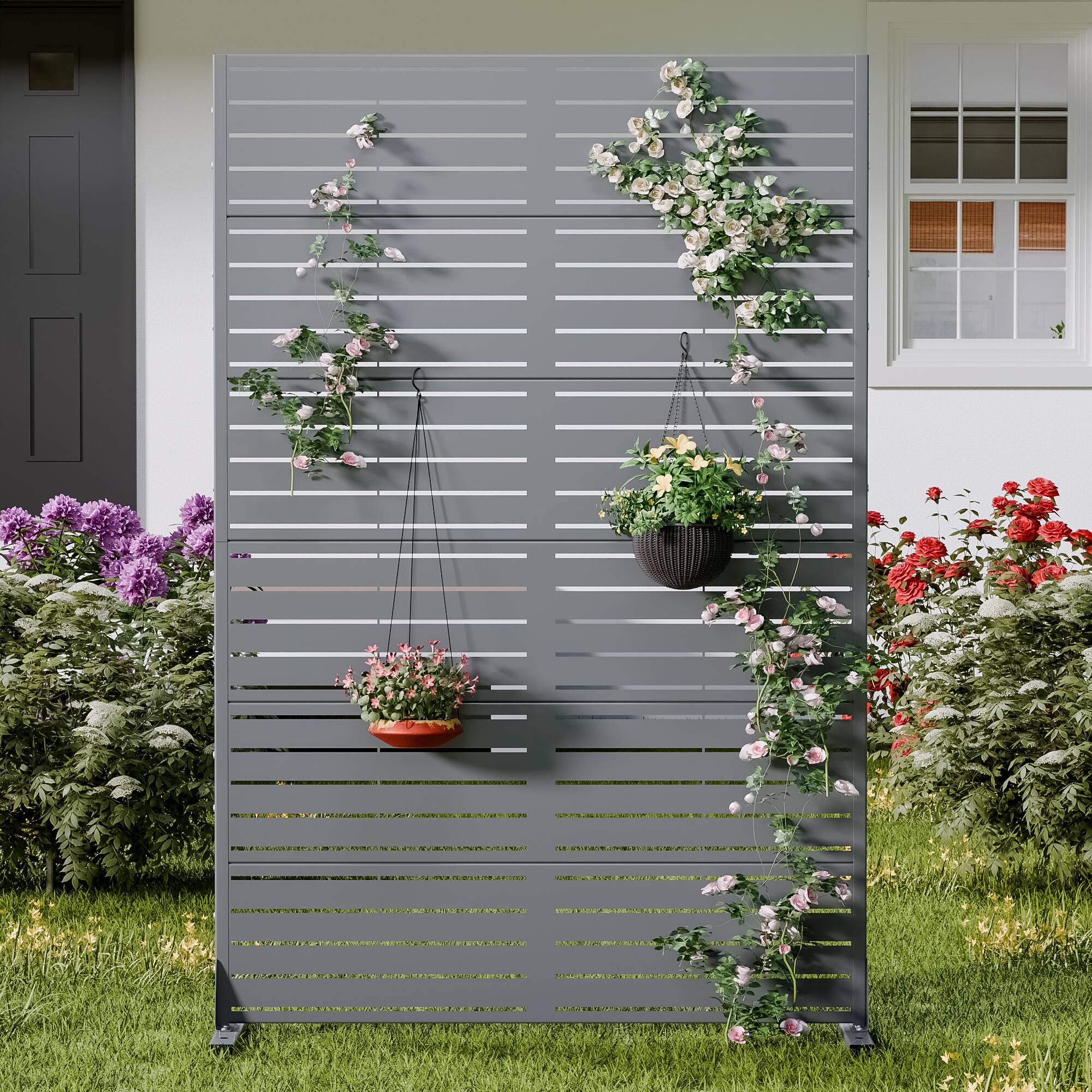 Alt View 2. PexFix - 72 in. x 47 in. Louvered Pattern Metal Outdoor Privacy Screen & Panels, Freestanding Garden Divider Fence - Light Grey.