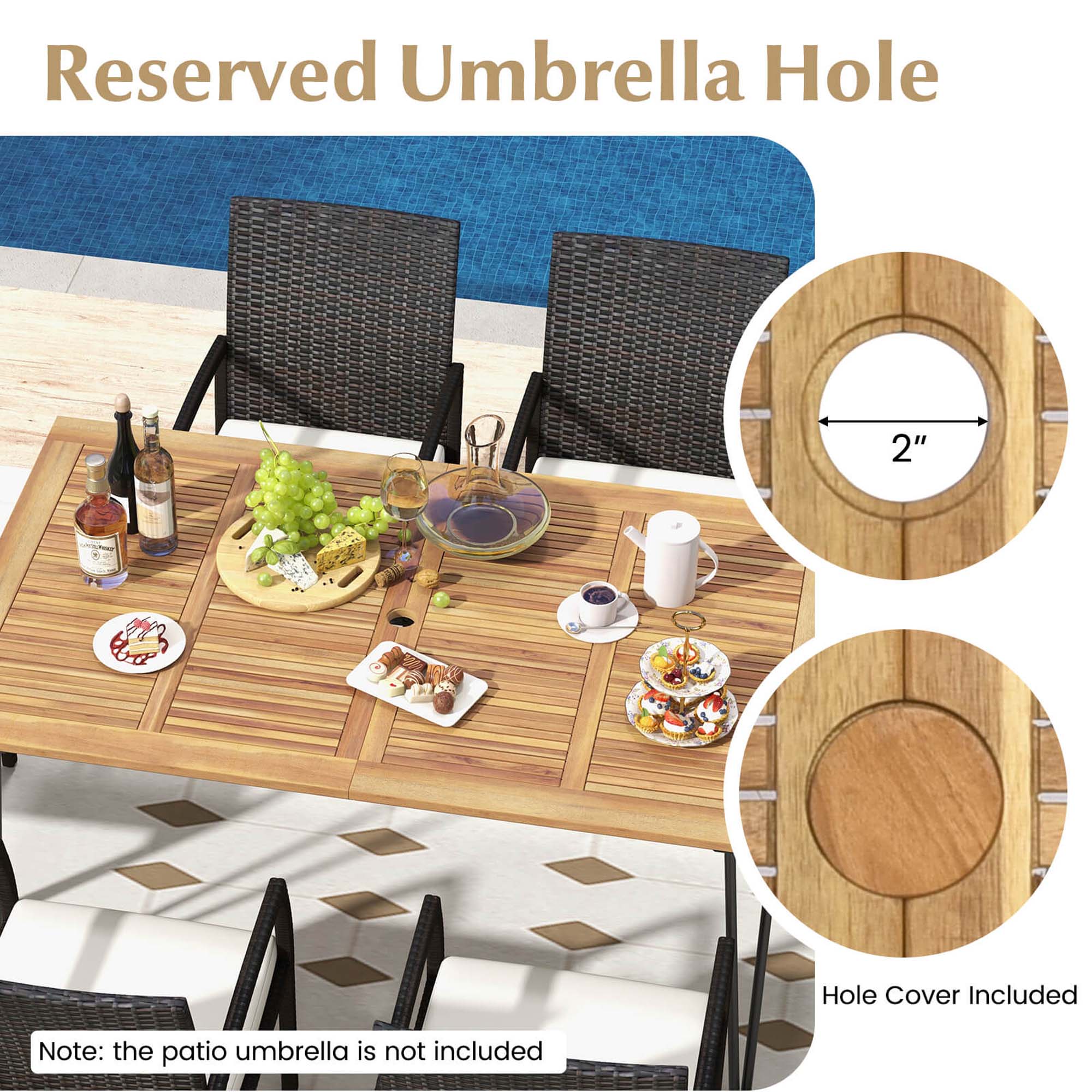 Reserved Umbrella Hole 2" Hole Cover Included Note: the patio umbrella is not included.