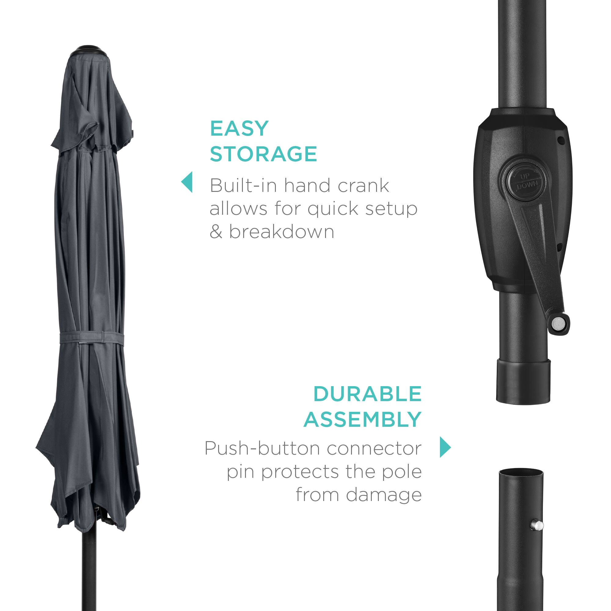 EASY STORAGE  
Built-in hand crank allows for quick setup & breakdown  

DURABLE ASSEMBLY  
Push-button connector pin protects the pole from damage