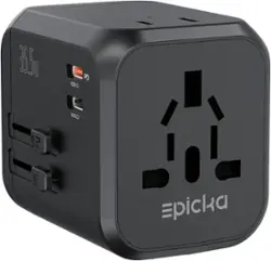 Epicka - Dual AC Outlet 35W Universal Travel Adapter with 2 USB-C PD Fast Charging & 3 USB-A (TA-205, Black) - Black - Front_Zoom